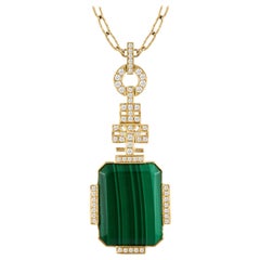 Doves 18 Karat Gold Art Deco Necklace with Emerald-Cut Malachite and Diamonds