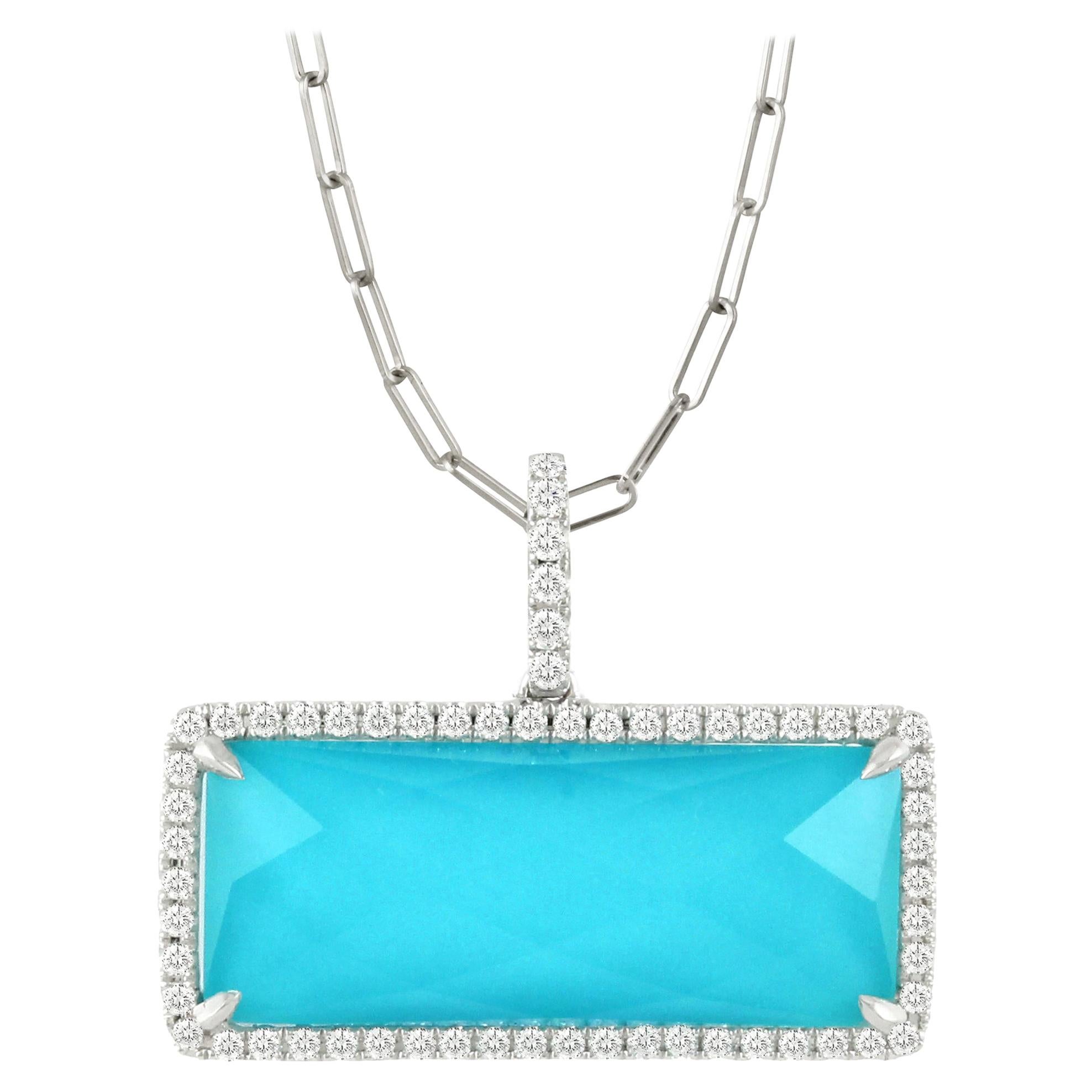 Doves 18 Karat Gold Bar Rectangle Necklace w/ White Topaz, Turquoise & Diamonds For Sale