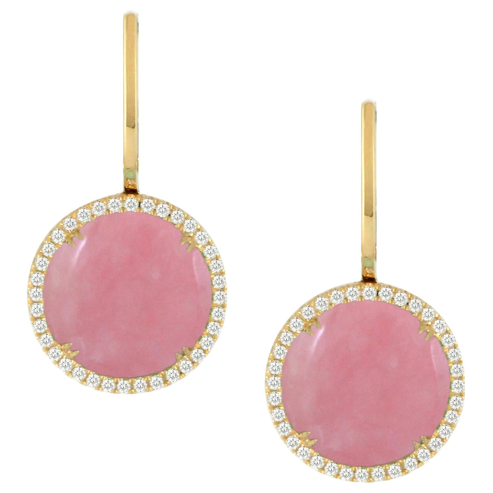 Doves 18 Karat Gold Dangle Earrings with Cabochon Round Pink Opal and Diamonds For Sale