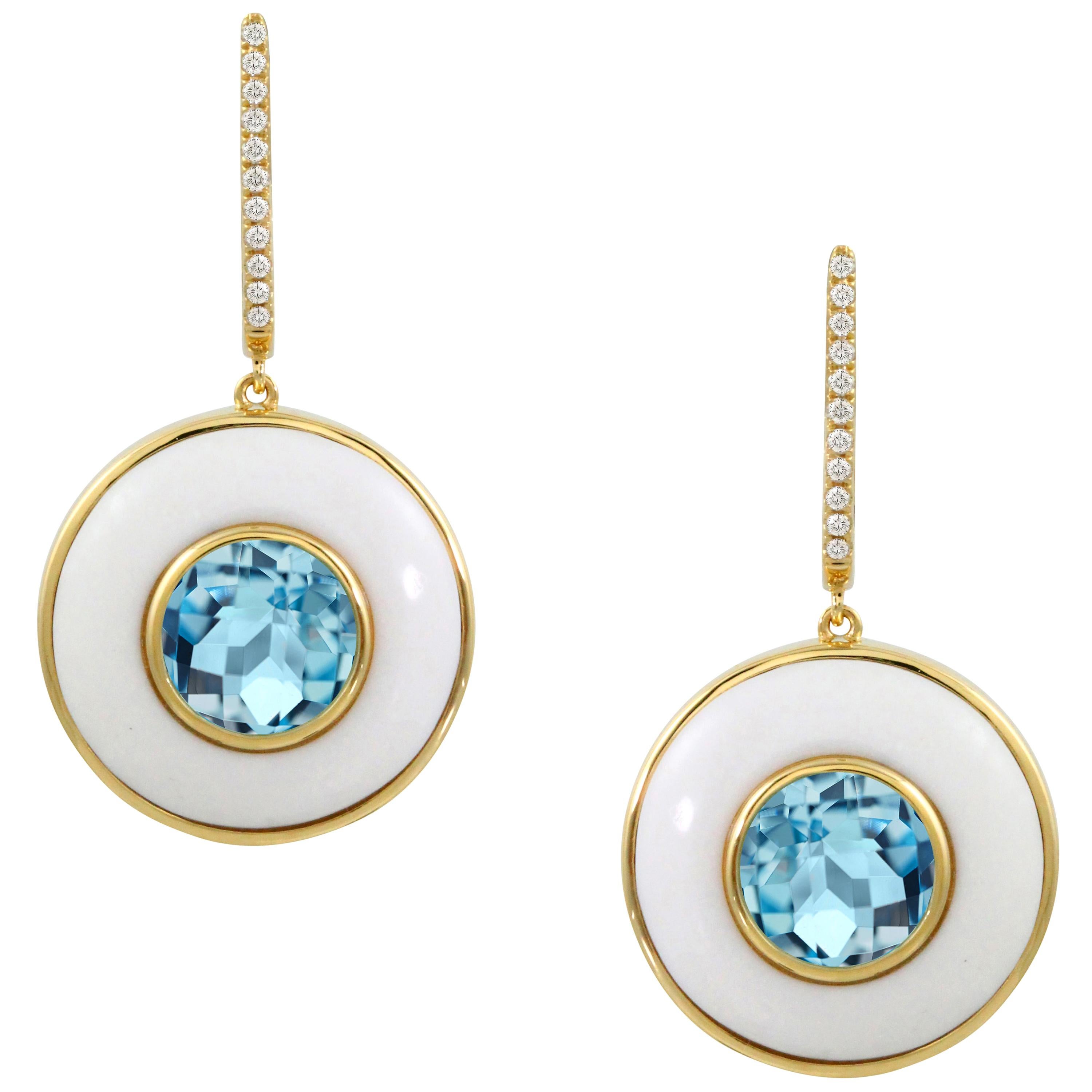 Doves 18 Karat Gold Drop Earrings with Sky Blue Topaz, White Agate, and Diamonds For Sale