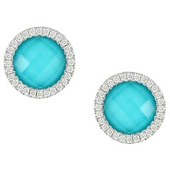 Doves 18 Karat Gold Stud Doublet Earrings w/ White Topaz, Turquoise and Diamonds