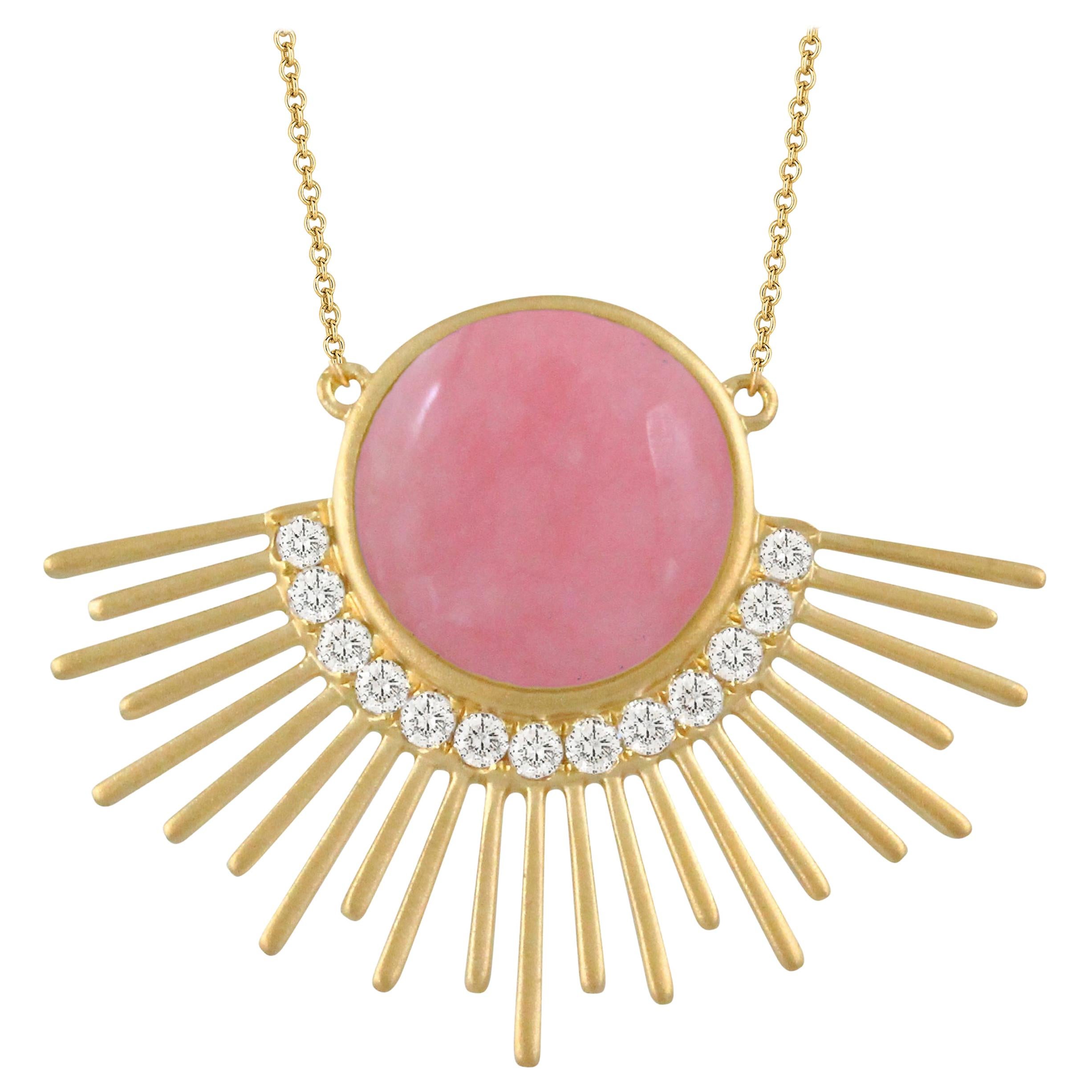 Doves 18 Karat Matte Gold Necklace with Cabochon Pink Opal and Diamonds