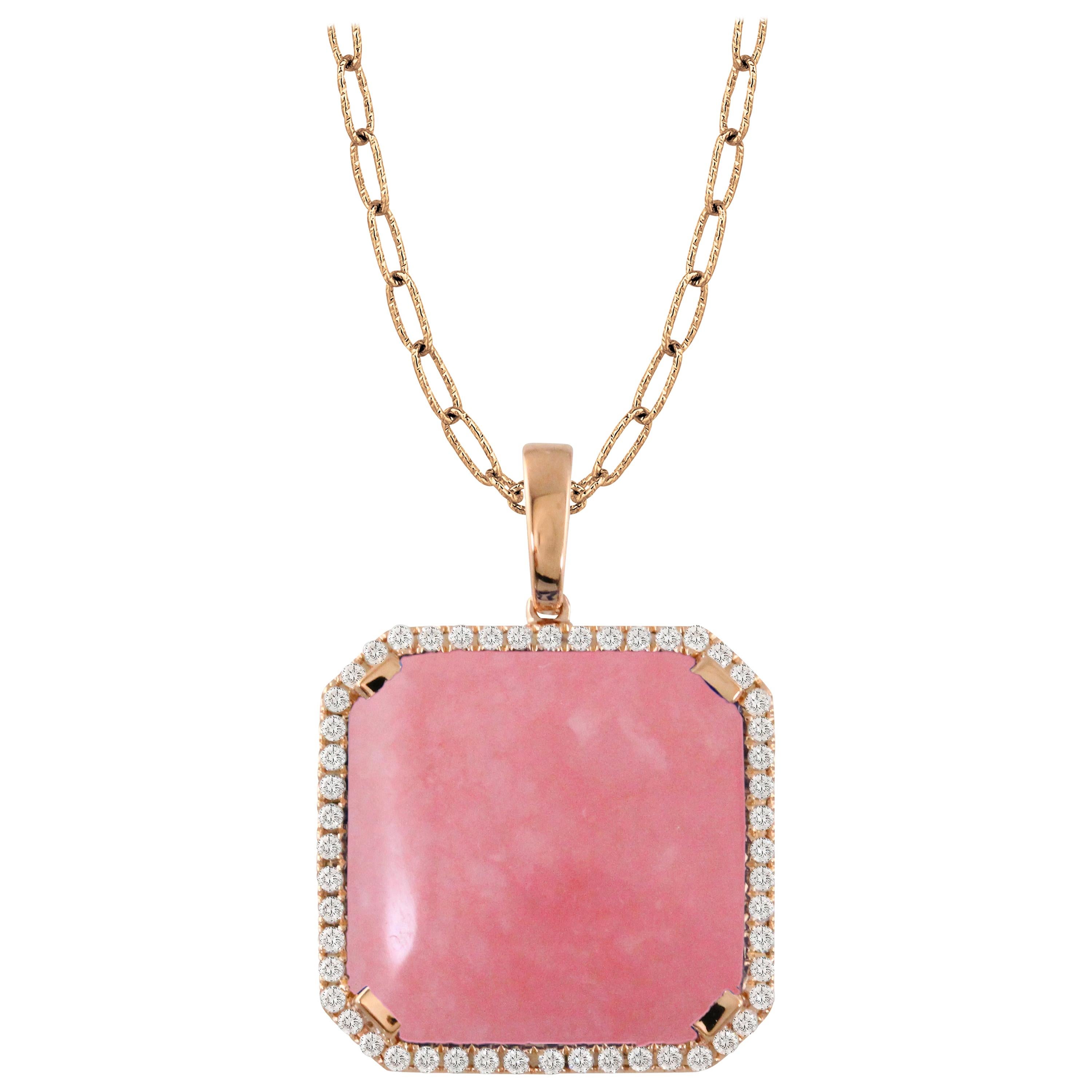 Doves 18 Karat Rose Gold Pendant Necklace with Cabochon Pink Opal and Diamonds