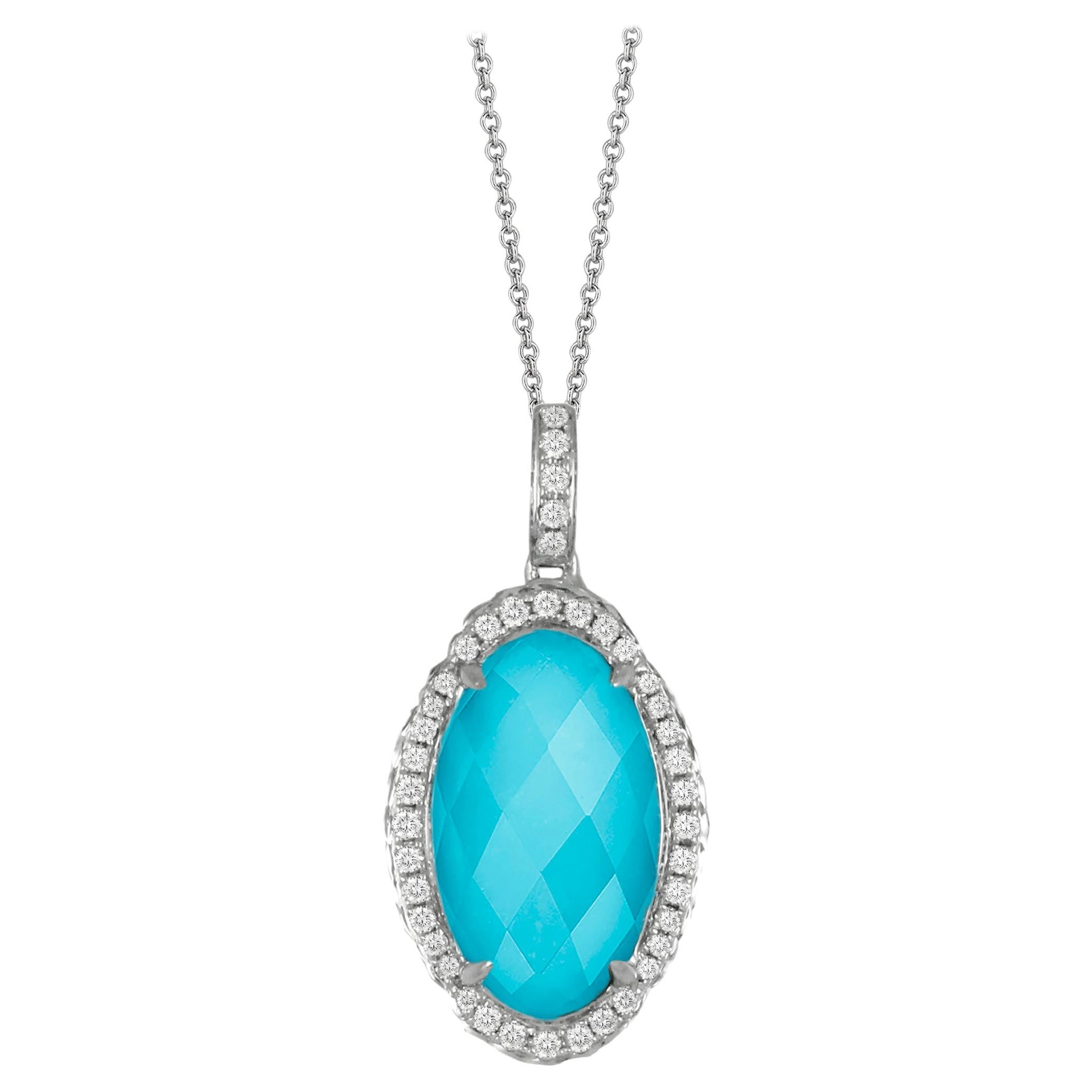 Doves 18 Karat White Gold Oval Necklace with White Topaz, Turquoise and Diamonds