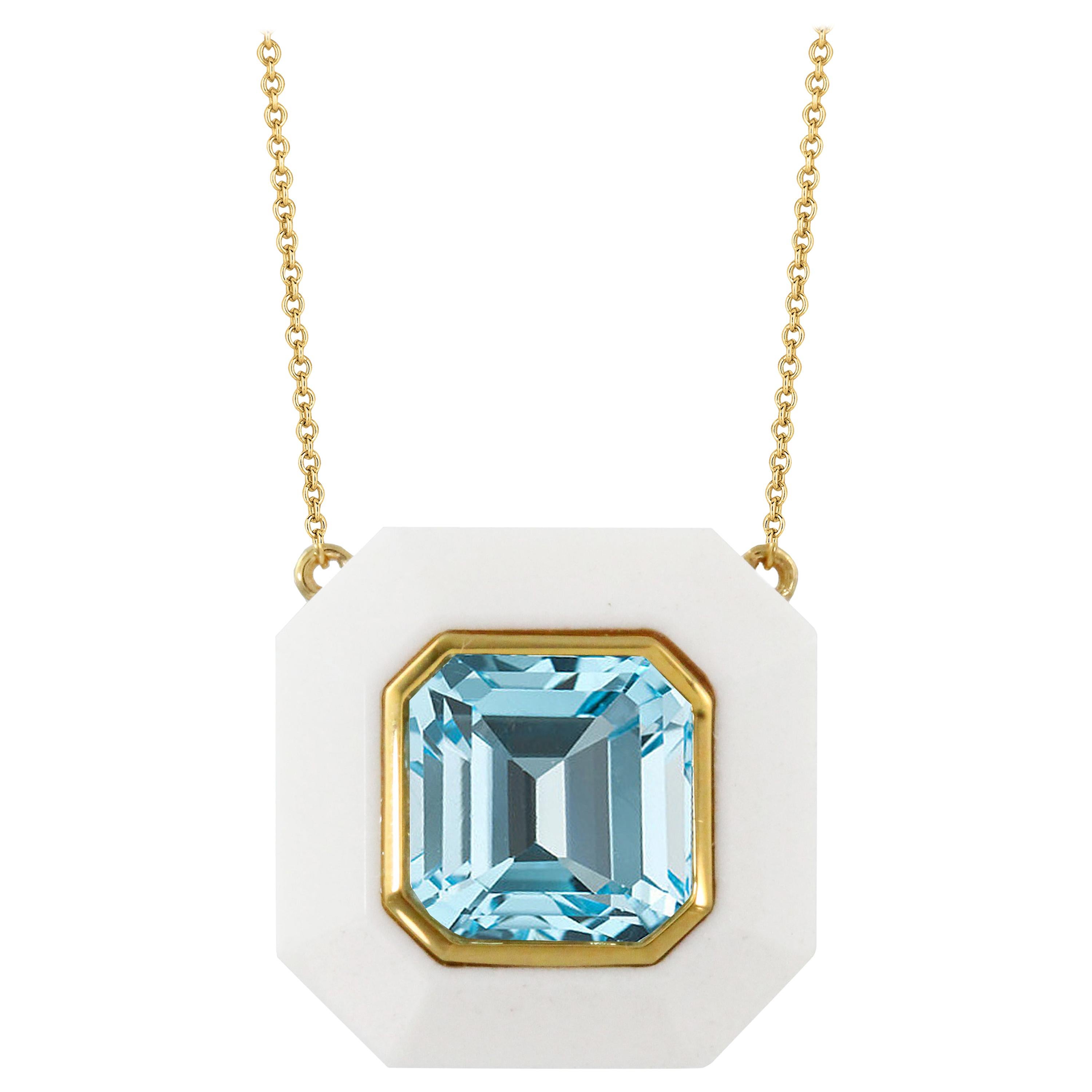 Doves 18 Karat Yellow Gold Layering Necklace with Sky Blue Topaz and White Agate For Sale