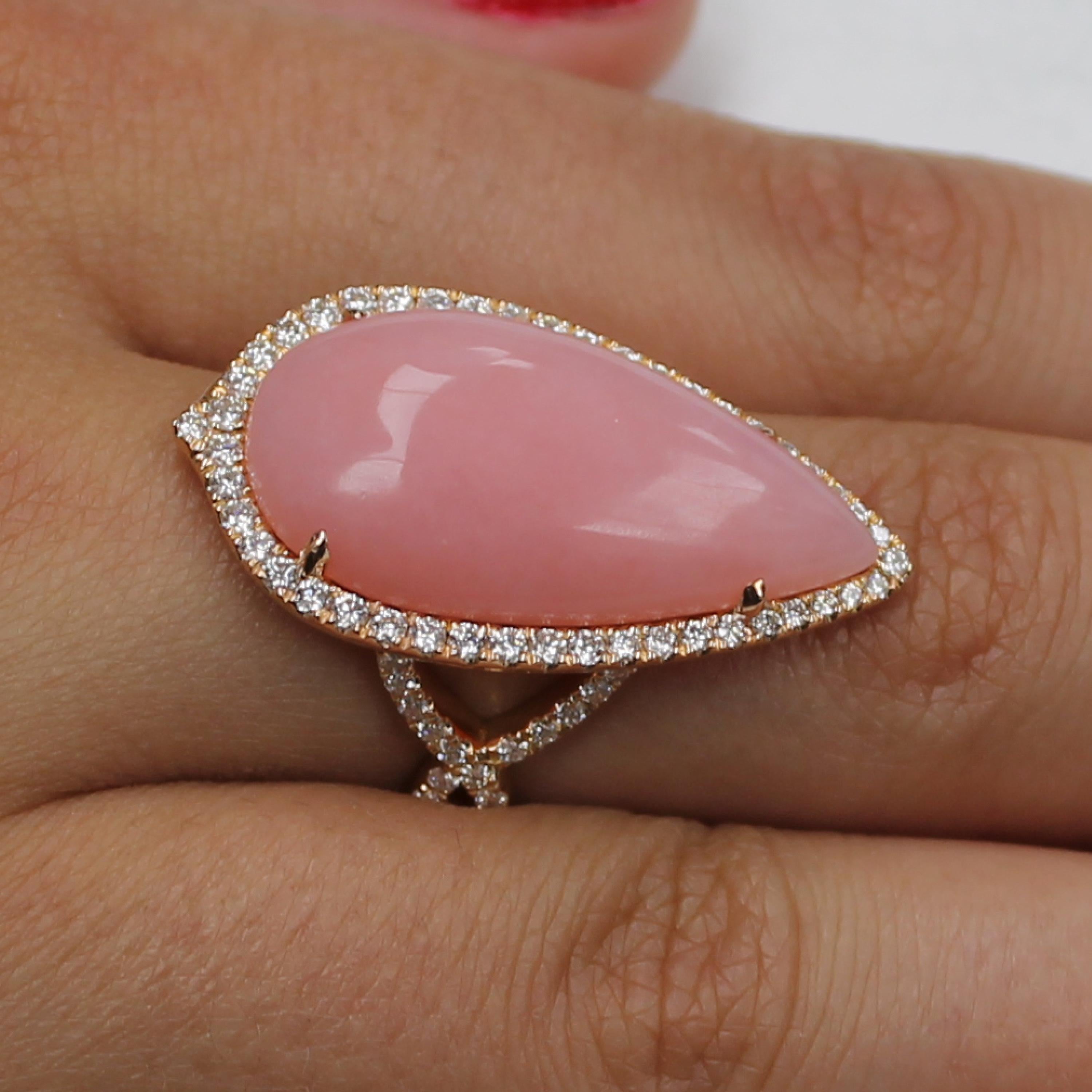 Artisan Doves 18K Rose Gold Cocktail Ring w/ Pear Shape Cabochon Pink Opal and Diamonds For Sale