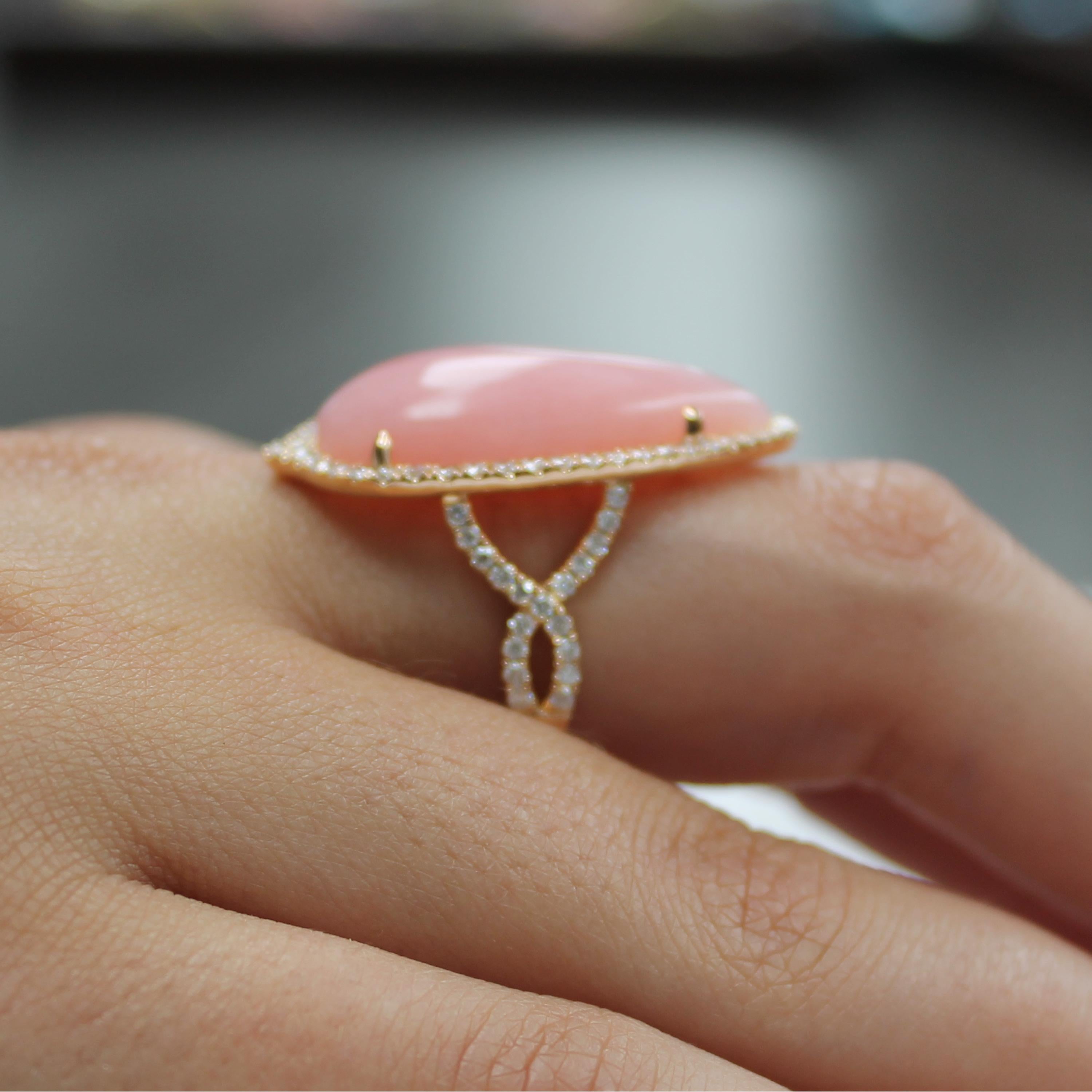 Pear Cut Doves 18K Rose Gold Cocktail Ring w/ Pear Shape Cabochon Pink Opal and Diamonds For Sale