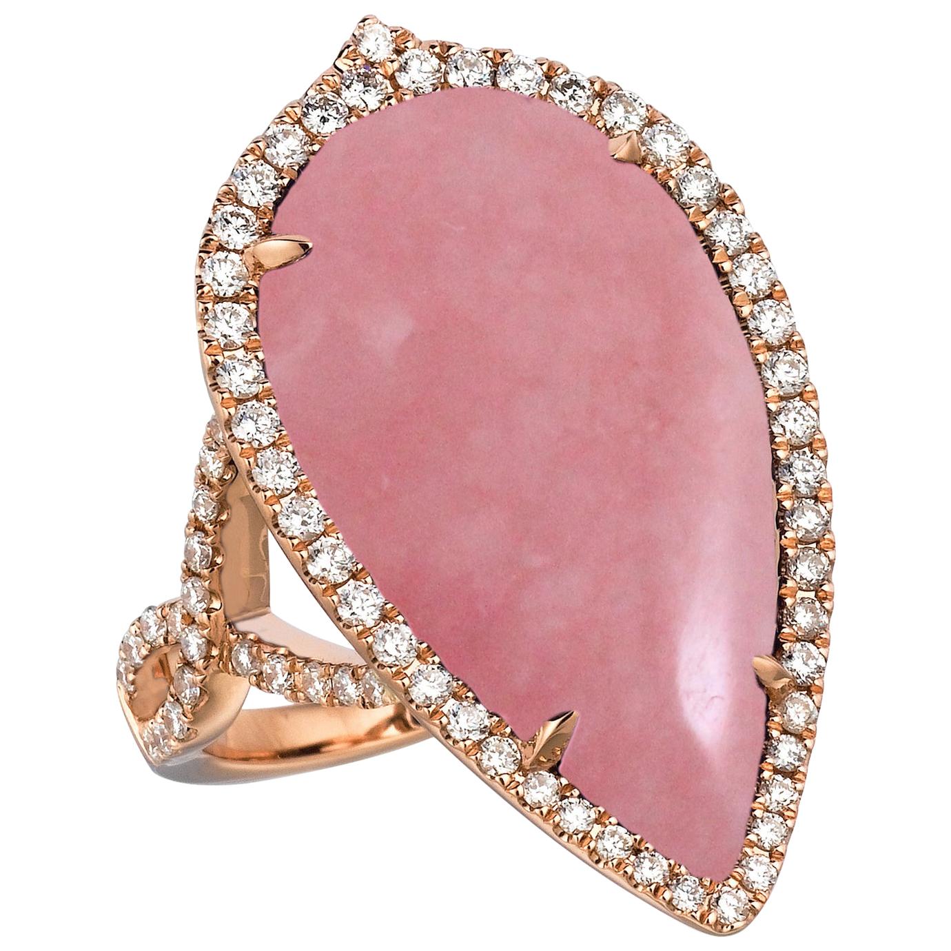 Doves 18K Rose Gold Cocktail Ring w/ Pear Shape Cabochon Pink Opal and Diamonds For Sale