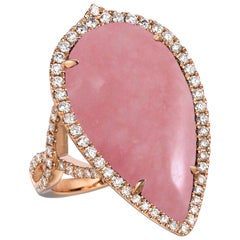 Doves 18K Rose Gold Cocktail Ring w/ Pear Shape Cabochon Pink Opal and Diamonds