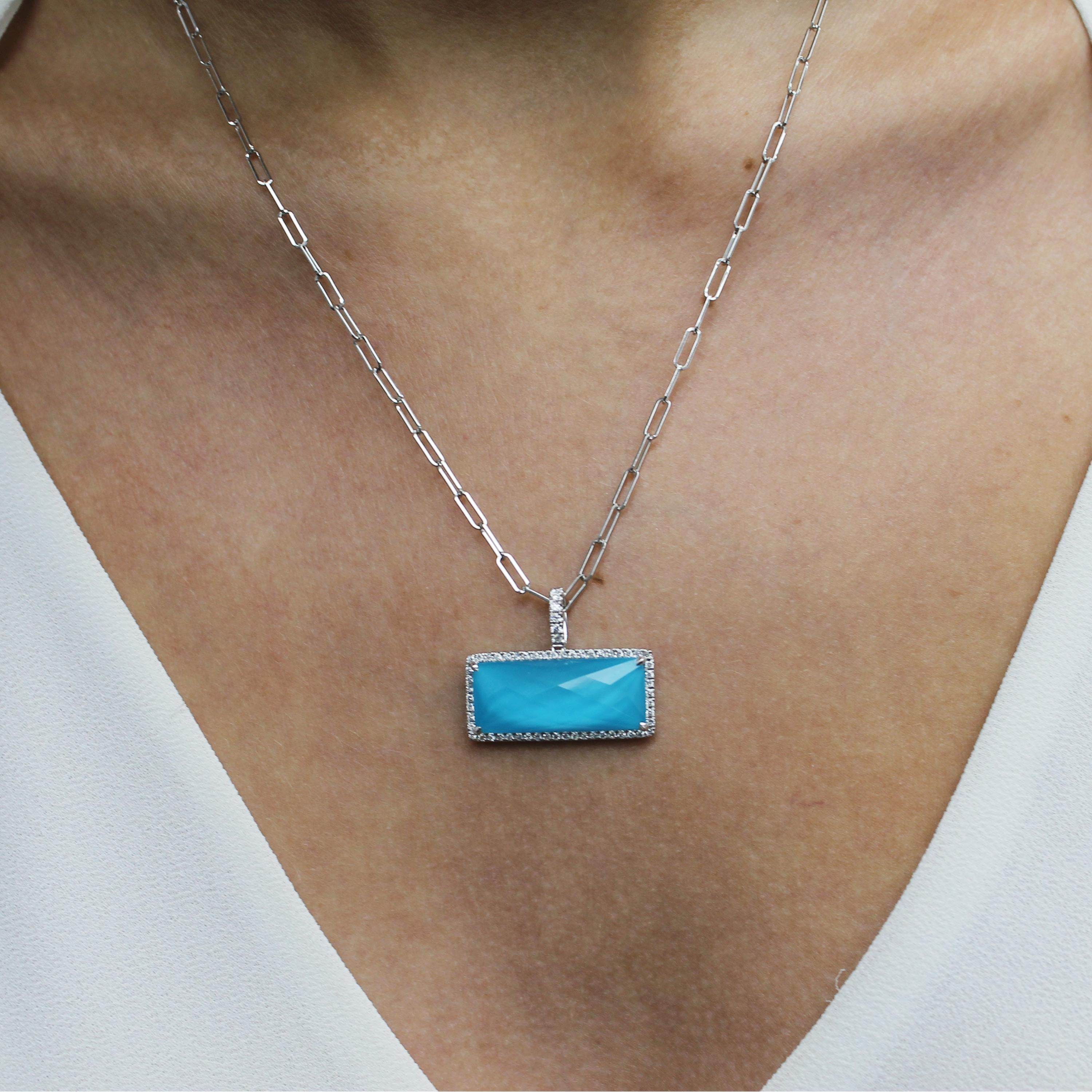 St. Barths Blue Bar Necklace featuring a rectangle checker-cut, White Topaz layered with Natural Arizona Turquoise. 18