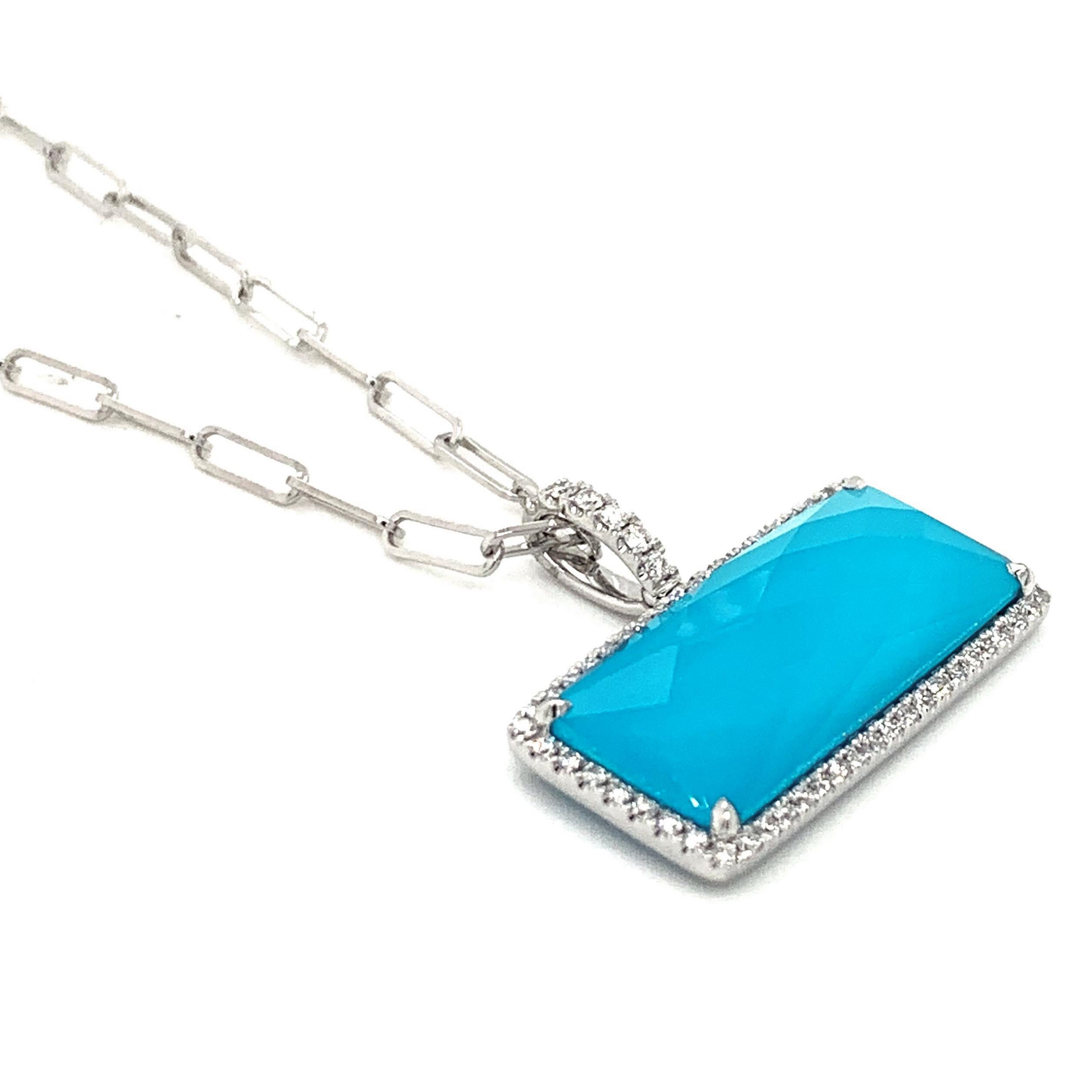 Doves 18 Karat Gold Bar Rectangle Necklace w/ White Topaz, Turquoise & Diamonds For Sale 1