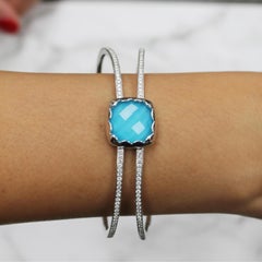 Doves 18K White Gold Cuff Bangle Bracelet with White Topaz, Turquoise & Diamonds