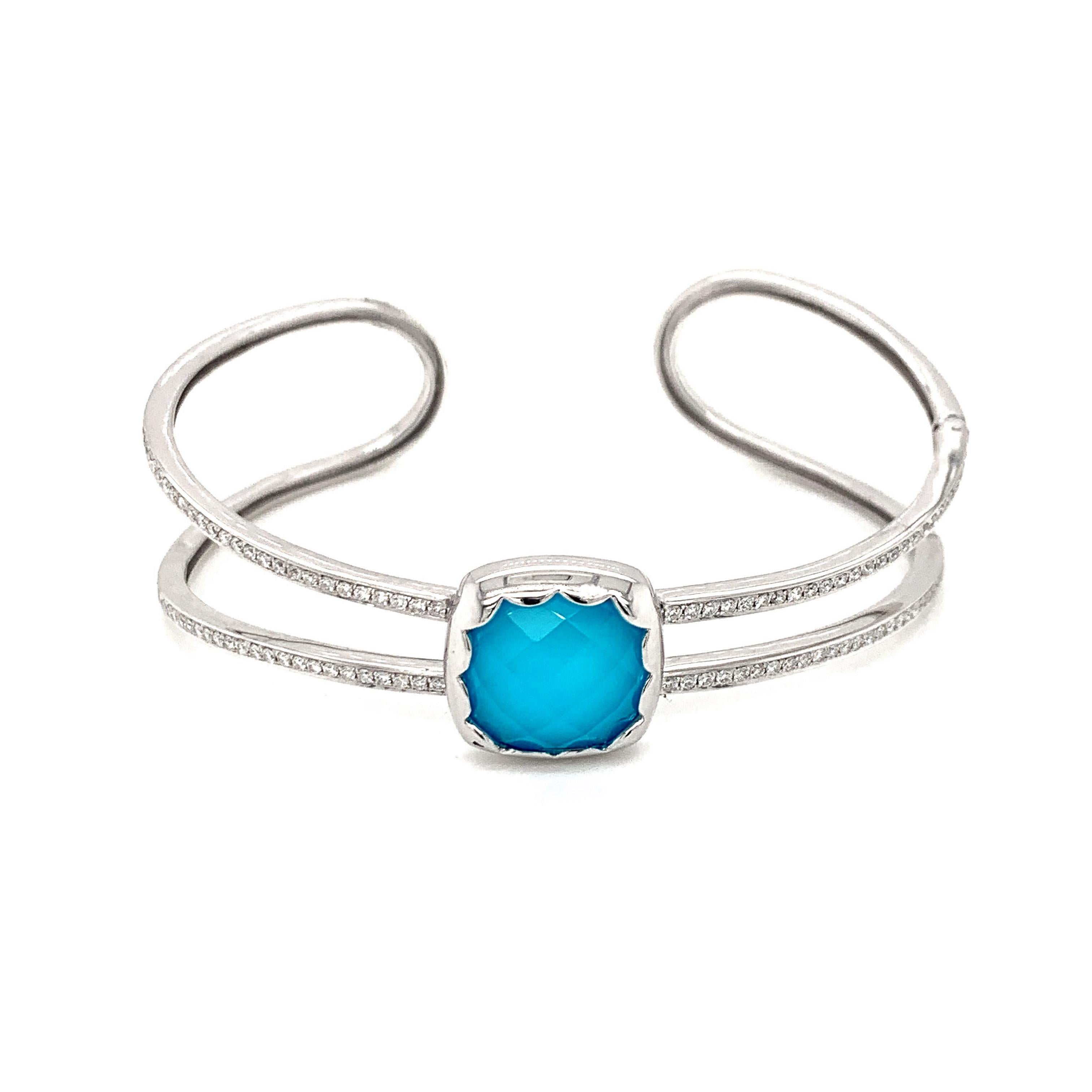 Doves 18K White Gold Cuff Bangle Bracelet with White Topaz, Turquoise & Diamonds In New Condition For Sale In Great Neck, NY