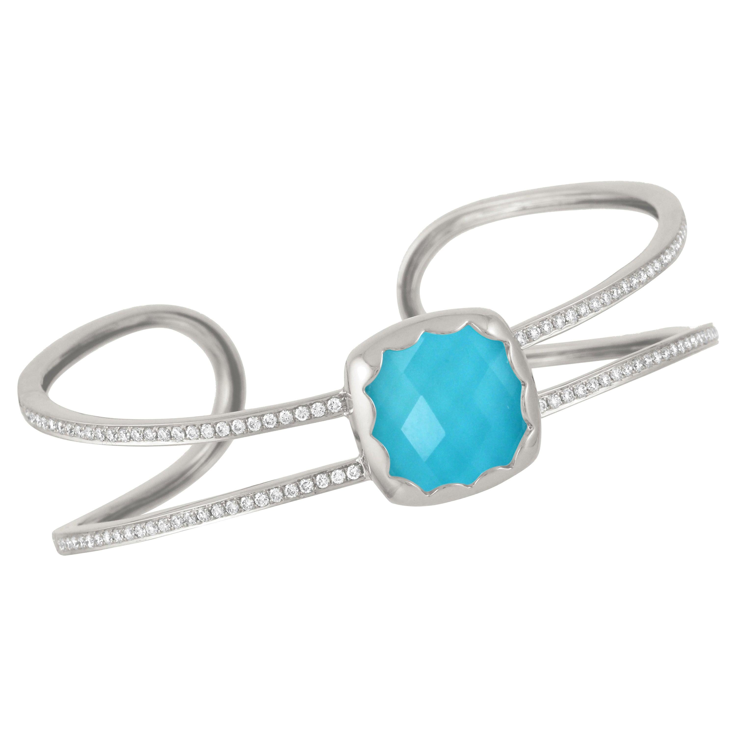 Doves 18K White Gold Cuff Bangle Bracelet with White Topaz, Turquoise