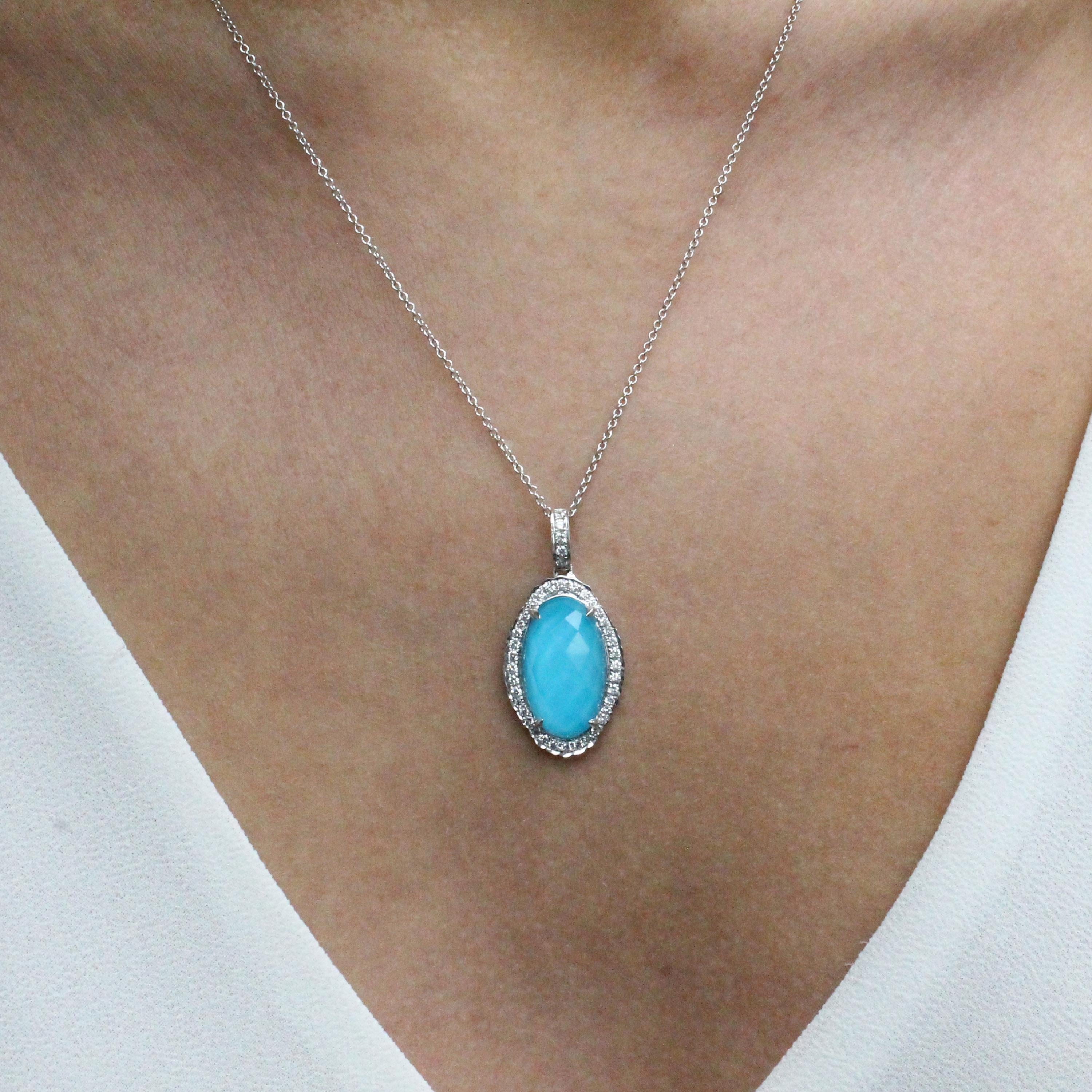 St. Barths Blue Necklace featuring an oval checker-cut, White Topaz layered with Natural Arizona Turquoise. 18