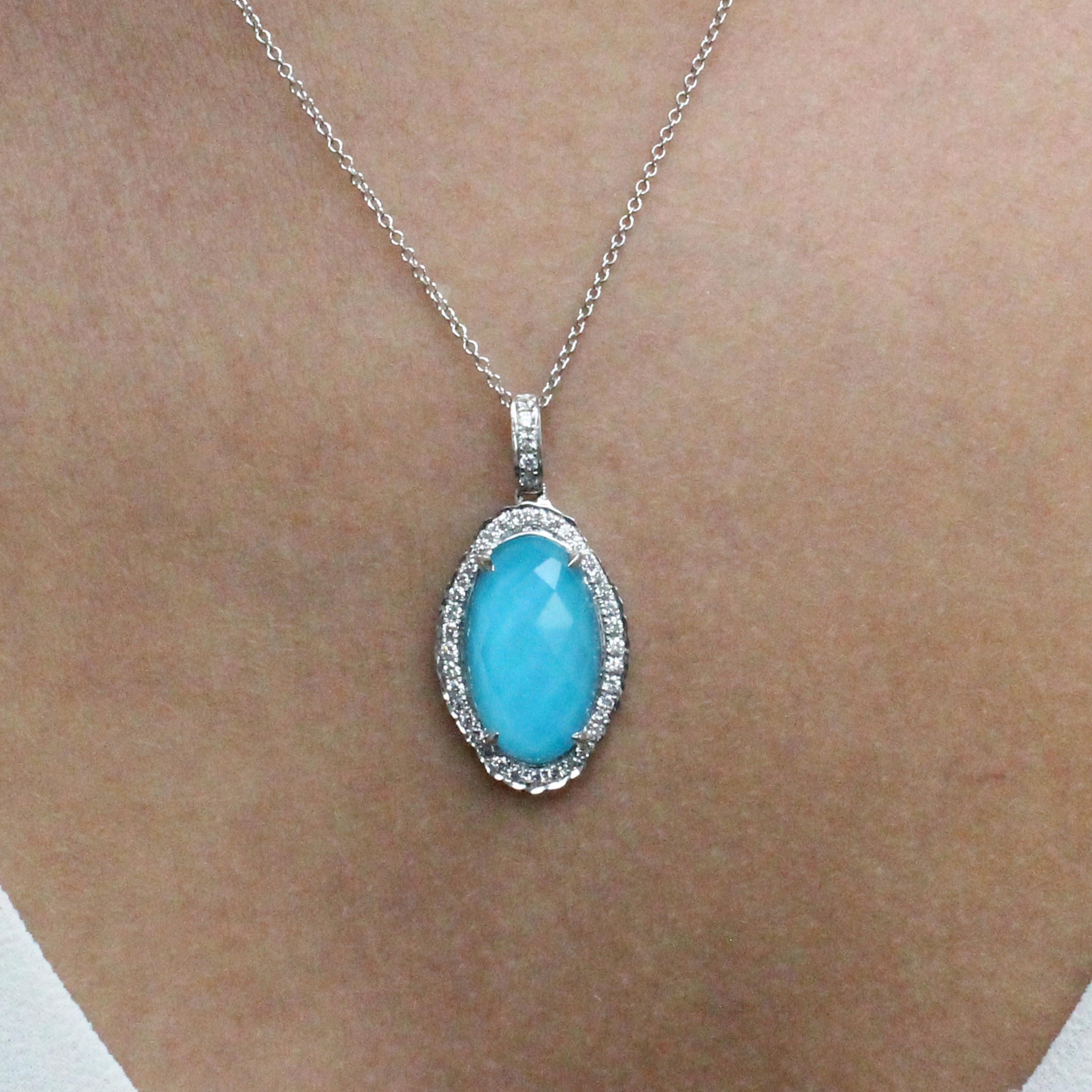 Artisan Doves 18 Karat White Gold Oval Necklace with White Topaz, Turquoise and Diamonds For Sale