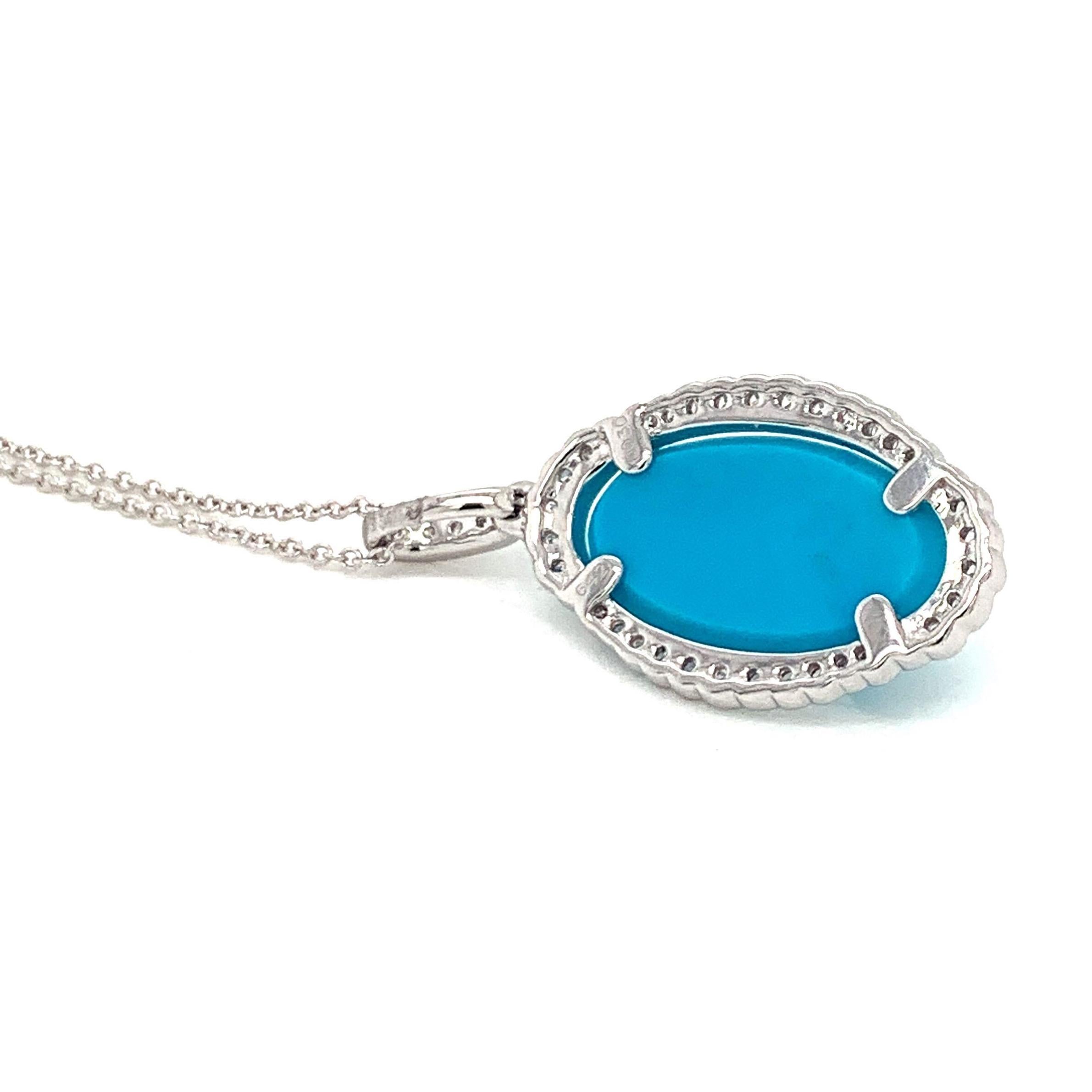 Doves 18 Karat White Gold Oval Necklace with White Topaz, Turquoise and Diamonds For Sale 1