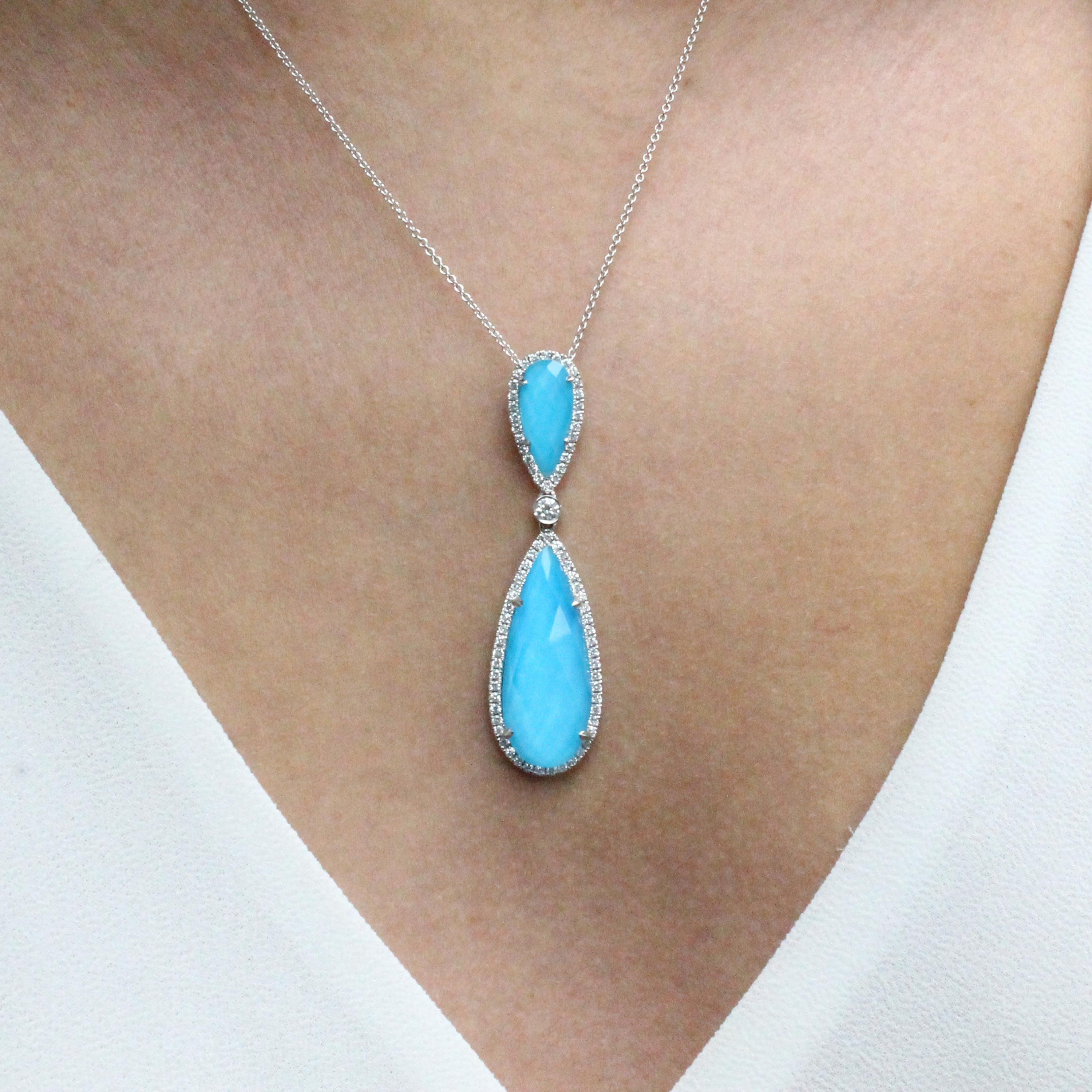 St. Barths Blue Necklace featuring an (2) pear-shape, checker-cut, White Topaz layered with Natural Arizona Turquoise, surrounded by diamonds, and a bezel-set diamond in between. 18