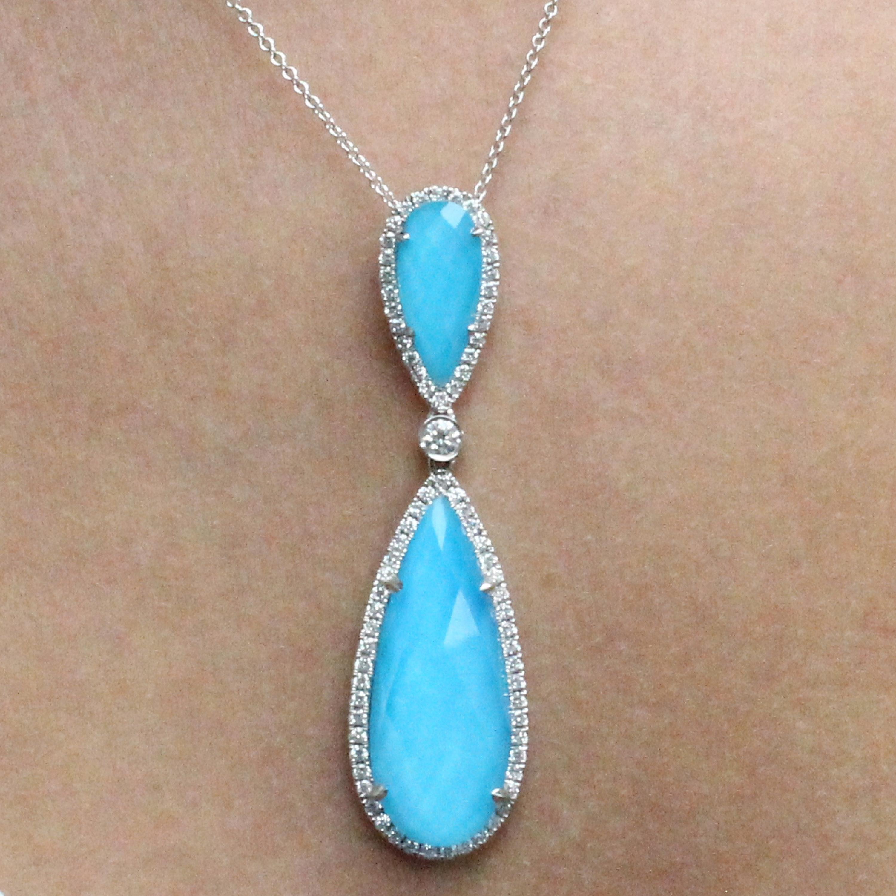 Contemporary Doves 18K White Gold Pear Shape Necklace with White Topaz, Turquoise & Diamonds For Sale