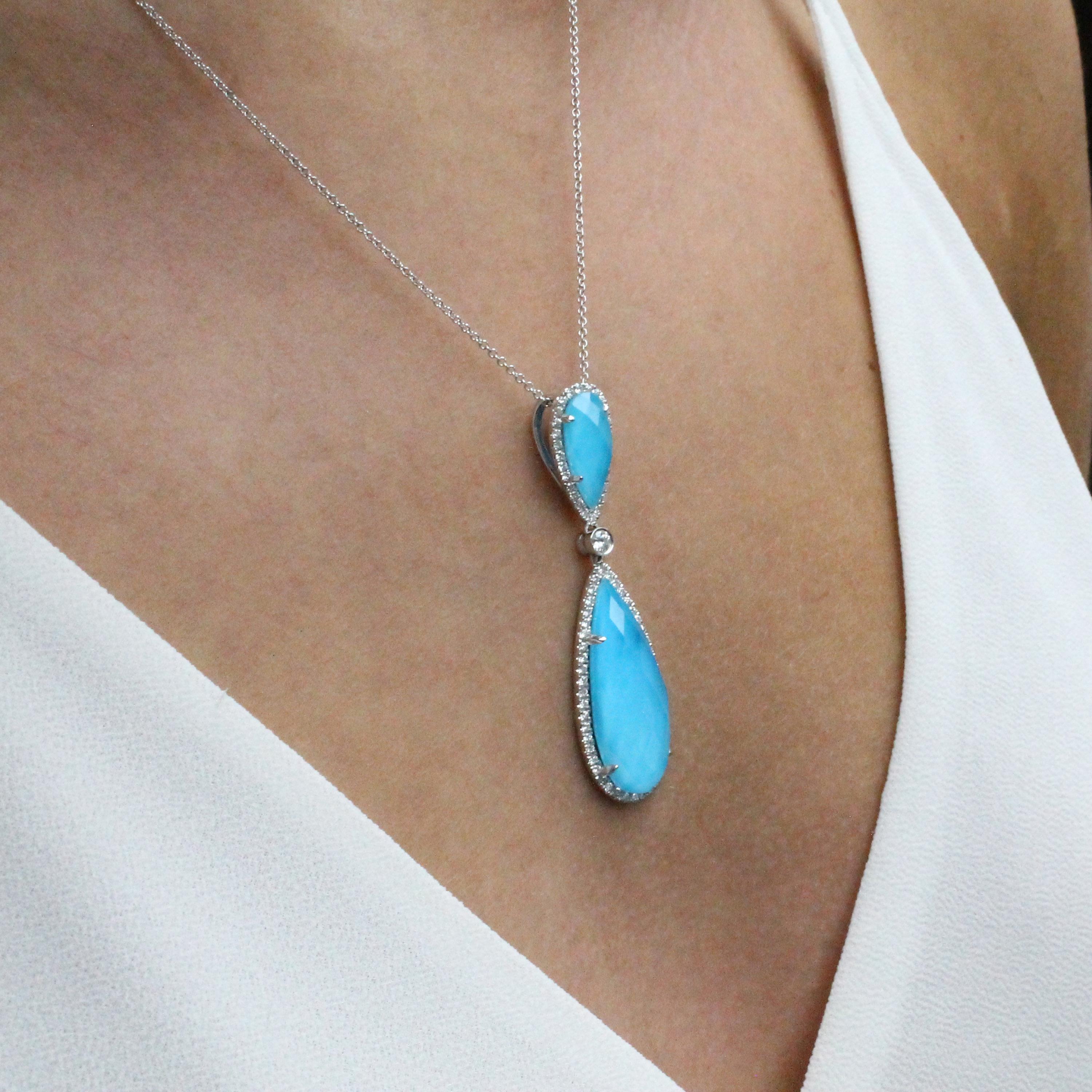 Pear Cut Doves 18K White Gold Pear Shape Necklace with White Topaz, Turquoise & Diamonds For Sale