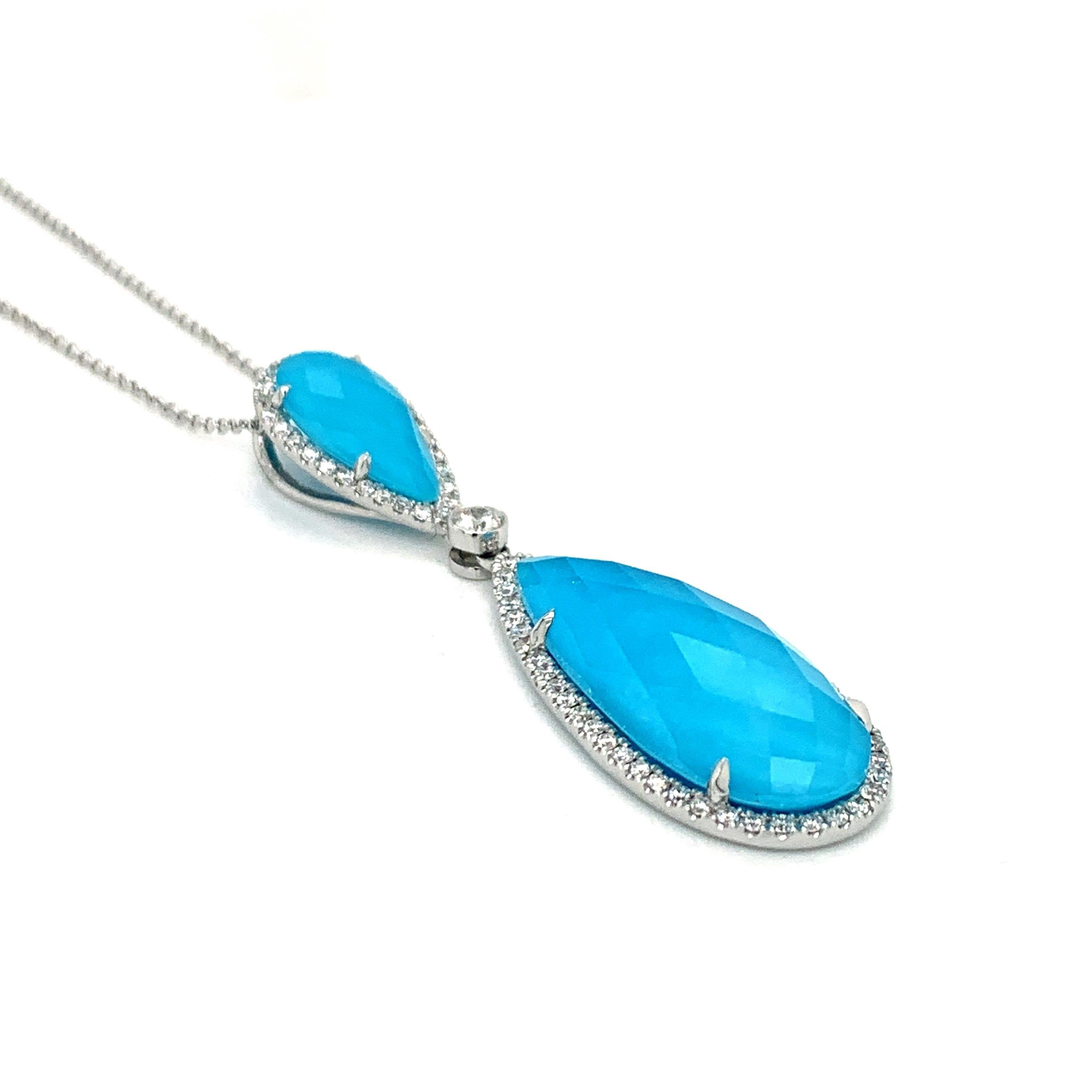 Women's Doves 18K White Gold Pear Shape Necklace with White Topaz, Turquoise & Diamonds For Sale