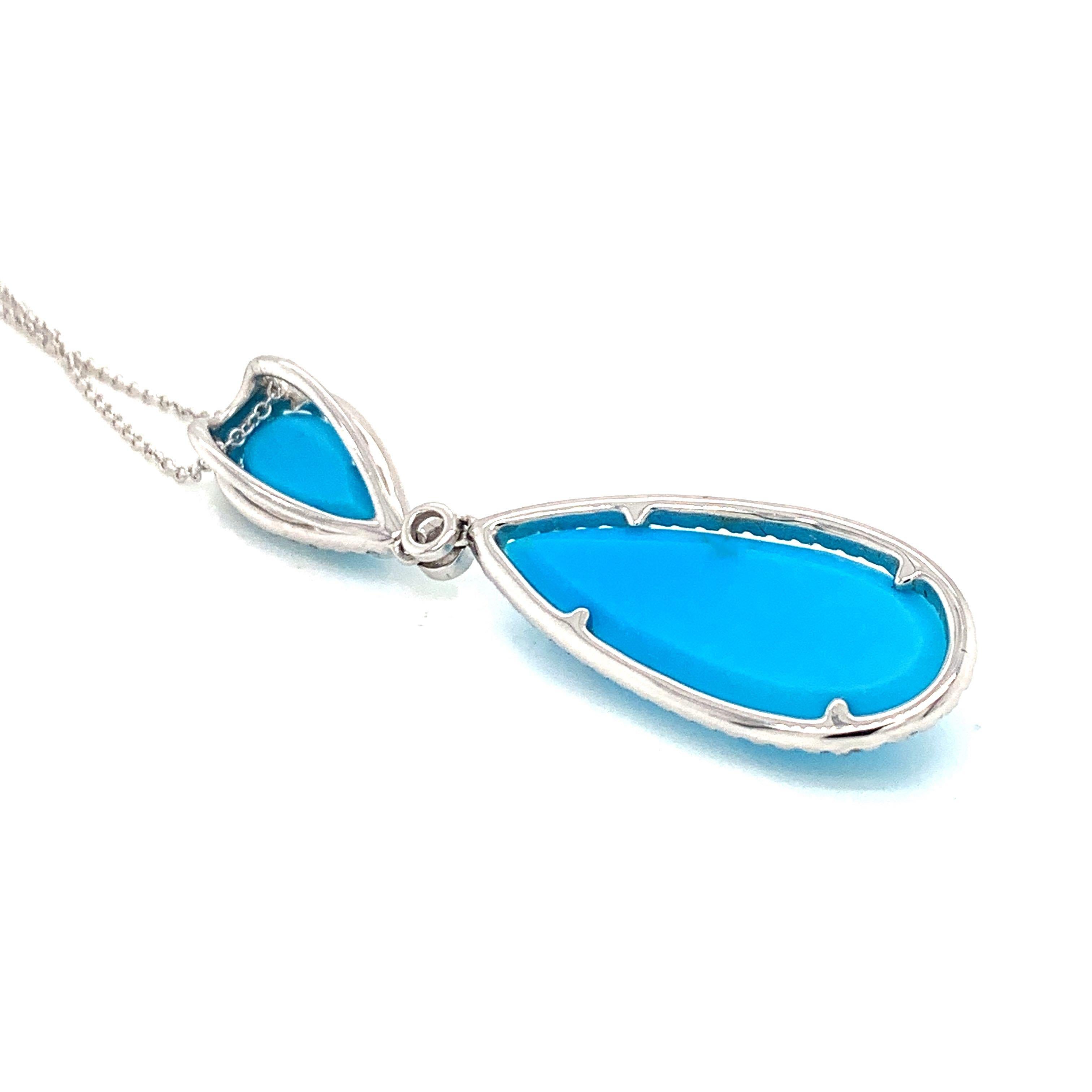 Doves 18K White Gold Pear Shape Necklace with White Topaz, Turquoise & Diamonds For Sale 1