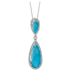 Doves 18K White Gold Pear Shape Necklace with White Topaz, Turquoise & Diamonds