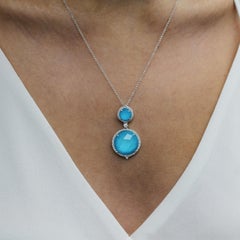 Doves 18K White Gold Round Doublet Necklace w/ White Topaz, Turquoise & Diamonds