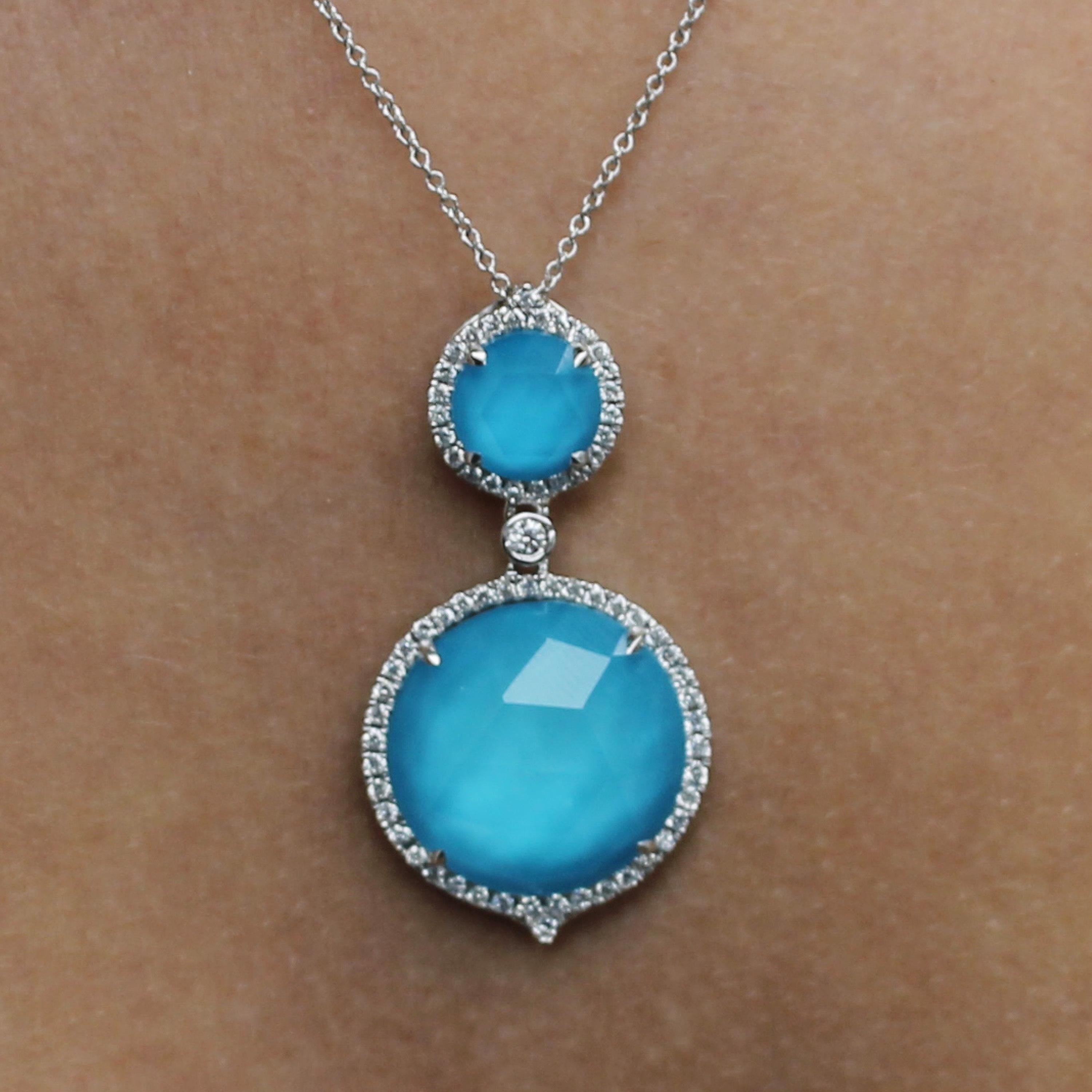 Round Cut Doves 18K White Gold Round Doublet Necklace w/ White Topaz, Turquoise & Diamonds For Sale