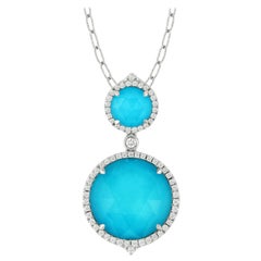 Doves 18K White Gold Round Doublet Necklace w/ White Topaz, Turquoise & Diamonds