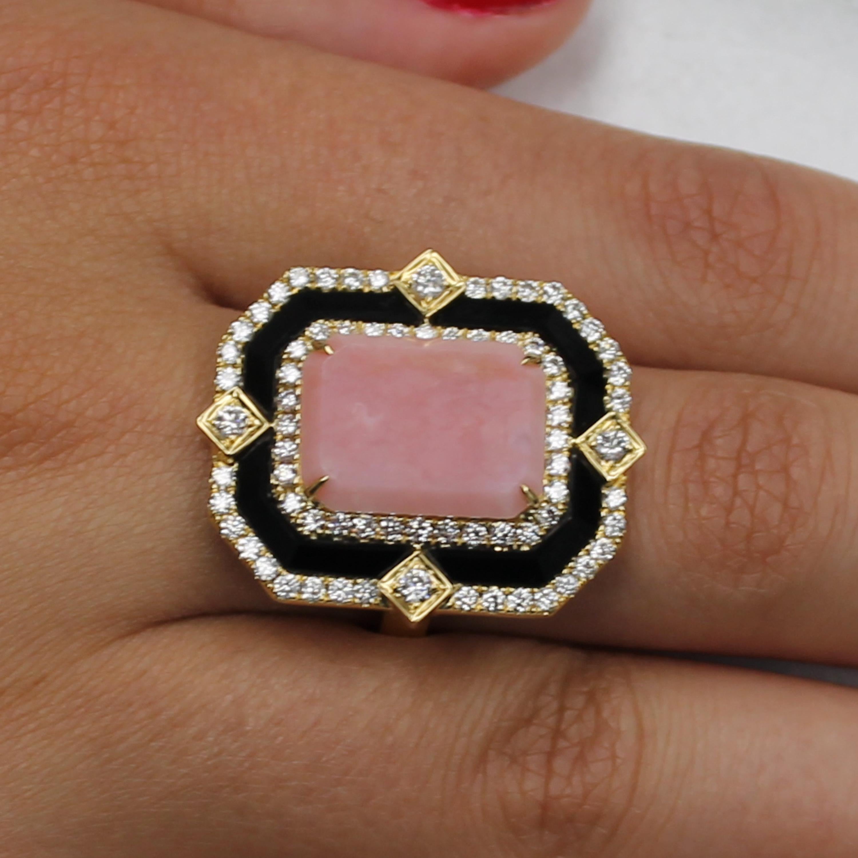 Emerald Cut Doves 18K Yellow Gold Art Deco Cocktail Ring w/ Pink Opal, Black Onyx & Diamonds For Sale