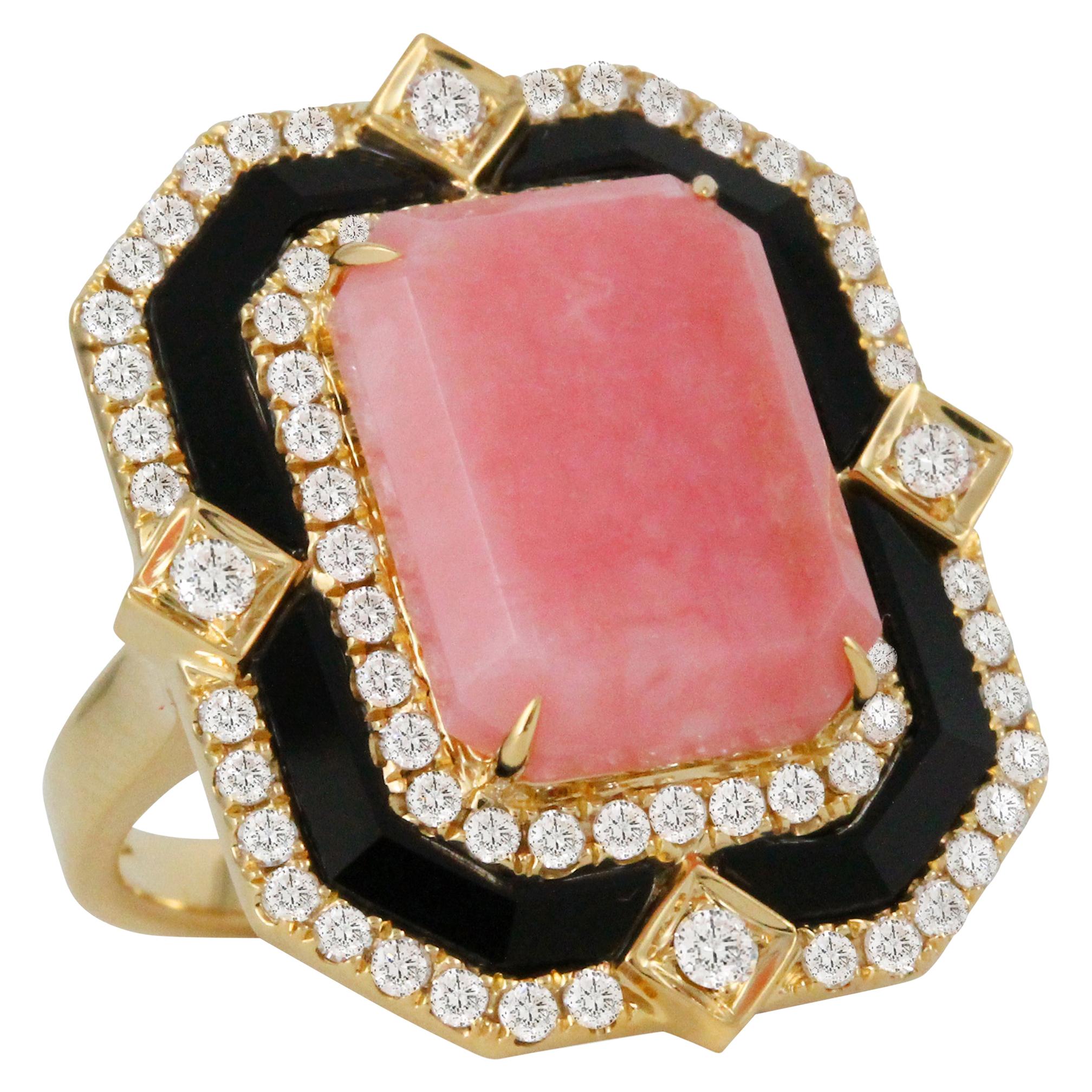 Doves 18K Yellow Gold Art Deco Cocktail Ring w/ Pink Opal, Black Onyx & Diamonds For Sale