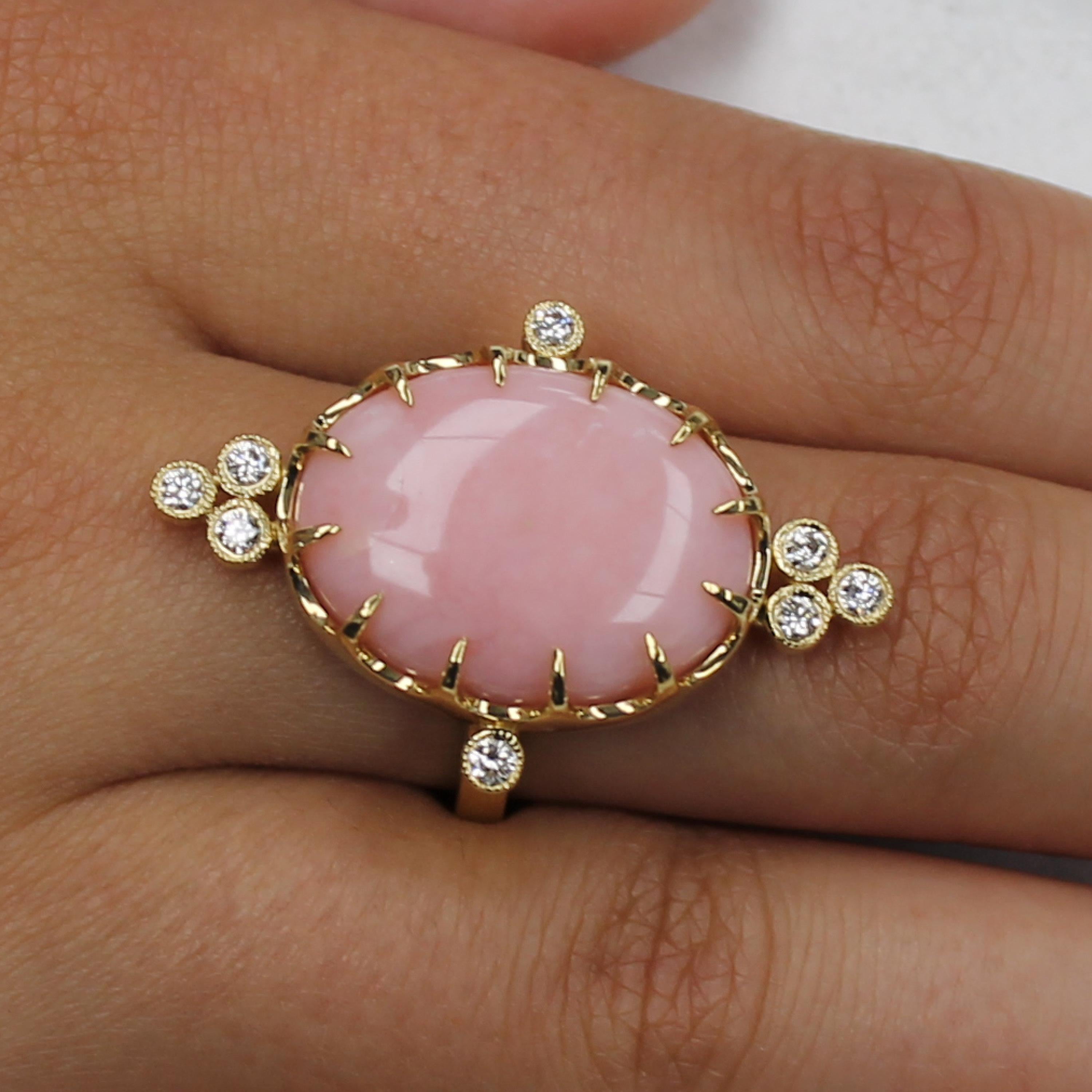 Artisan Doves 18K Yellow Gold Cocktail Ring w/ Oval Cabochon Pink Opal & Bezel Diamonds For Sale