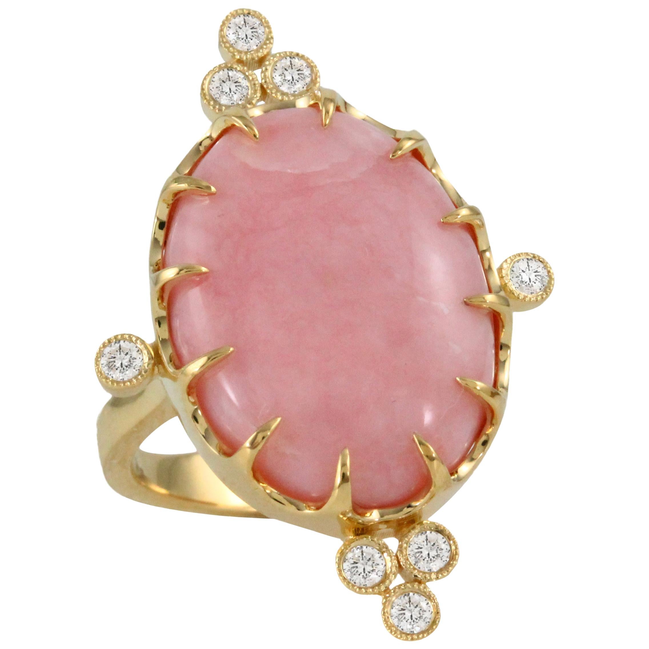 Doves 18K Yellow Gold Cocktail Ring w/ Oval Cabochon Pink Opal & Bezel Diamonds For Sale
