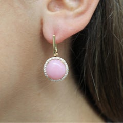 Doves 18 Karat Gold Dangle Earrings with Cabochon Round Pink Opal and Diamonds