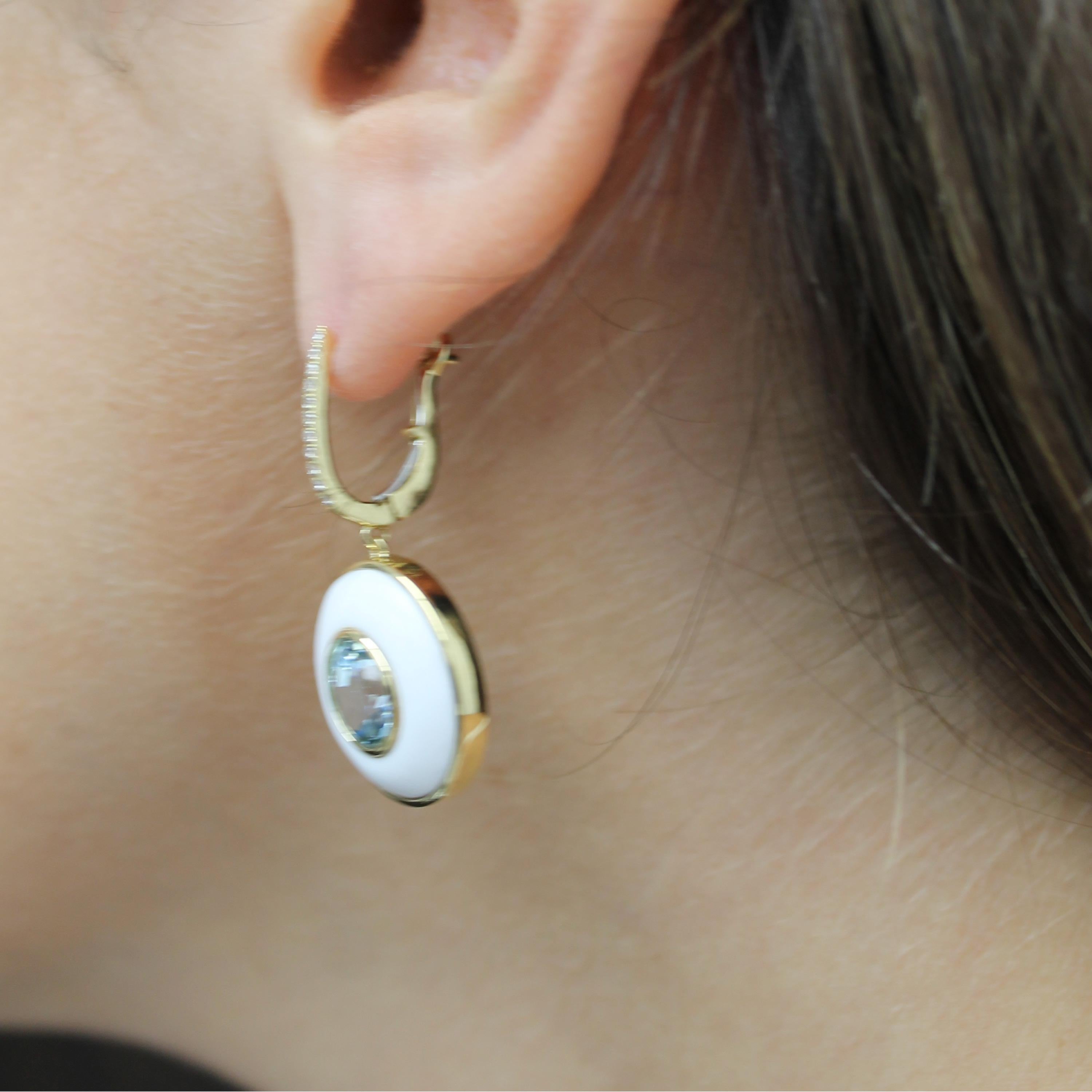 Artisan Doves 18 Karat Gold Drop Earrings with Sky Blue Topaz, White Agate, and Diamonds For Sale