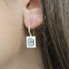 Doves 18 Karat Gold Invisible Set Baguette Diamond Earrings with White Agate
