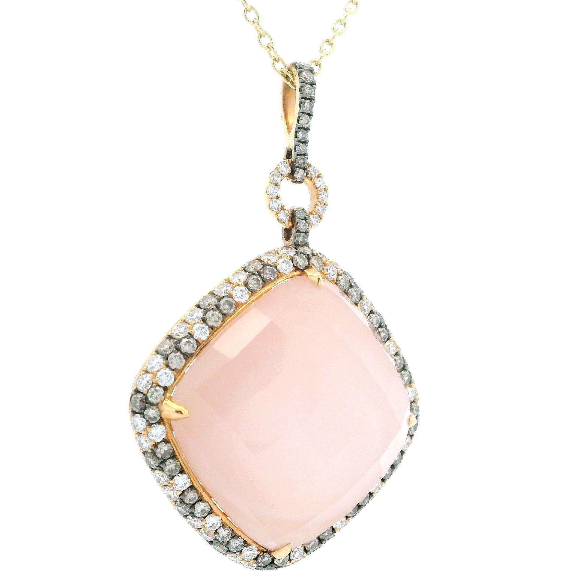 Halskette mit tropfenförmigem Anhänger, Taube 18 Karat Gelbgold Rosenquarz 1,74 Karat Diamant (Kissenschliff) im Angebot