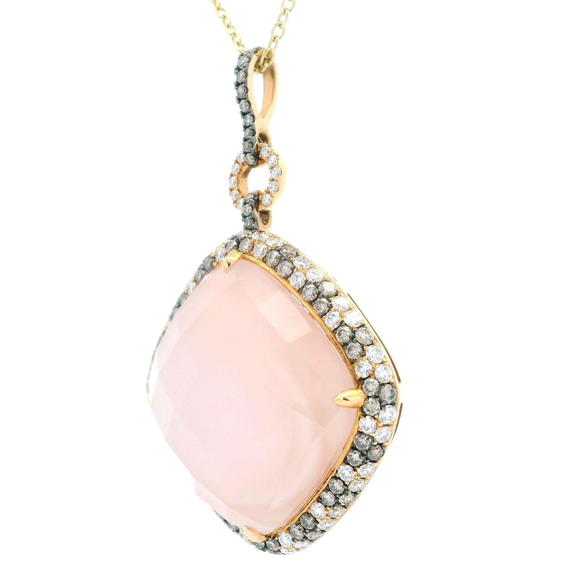 Halskette mit tropfenförmigem Anhänger, Taube 18 Karat Gelbgold Rosenquarz 1,74 Karat Diamant im Zustand „Neu“ im Angebot in Montclair, NJ