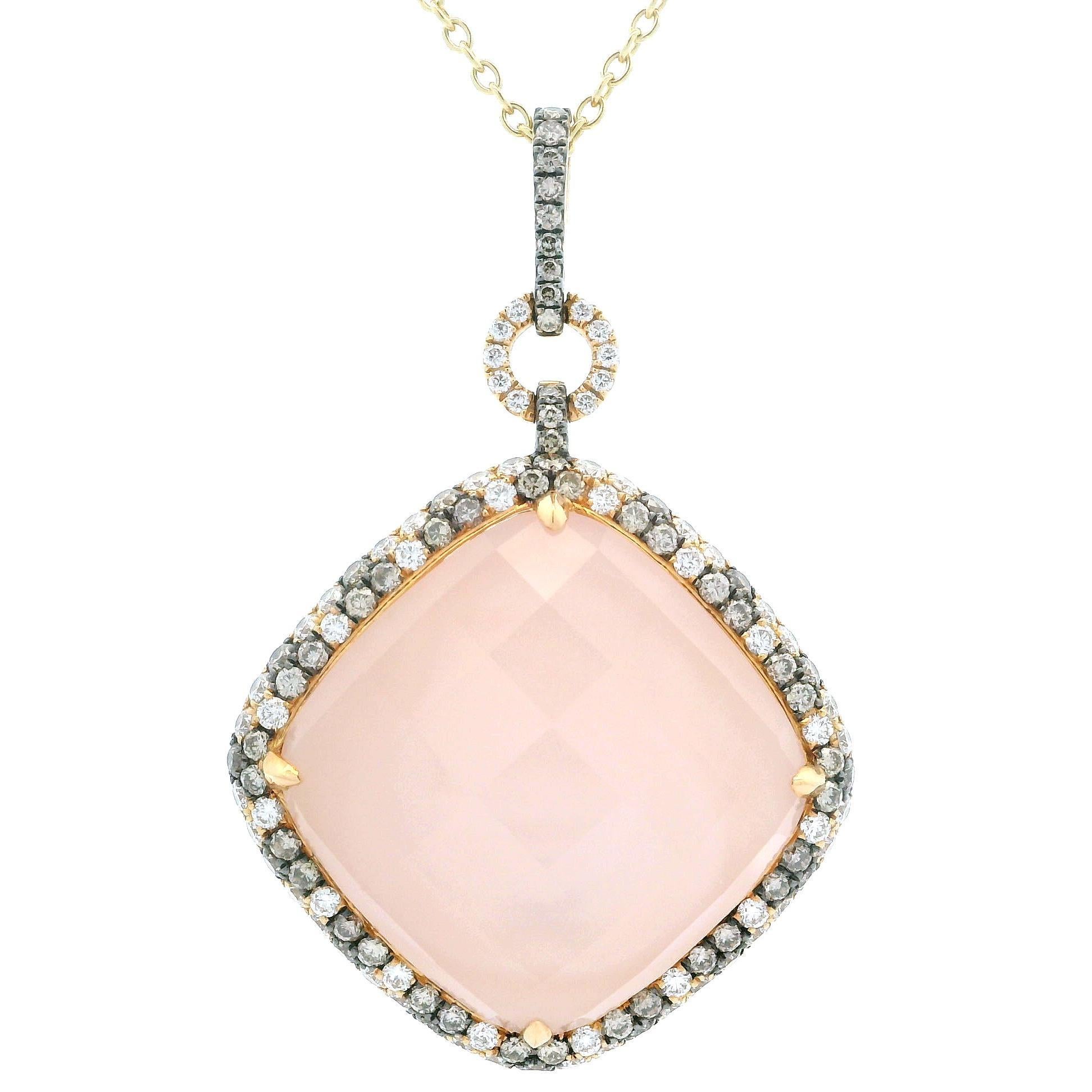 Halskette mit tropfenförmigem Anhänger, Taube 18 Karat Gelbgold Rosenquarz 1,74 Karat Diamant im Angebot 2