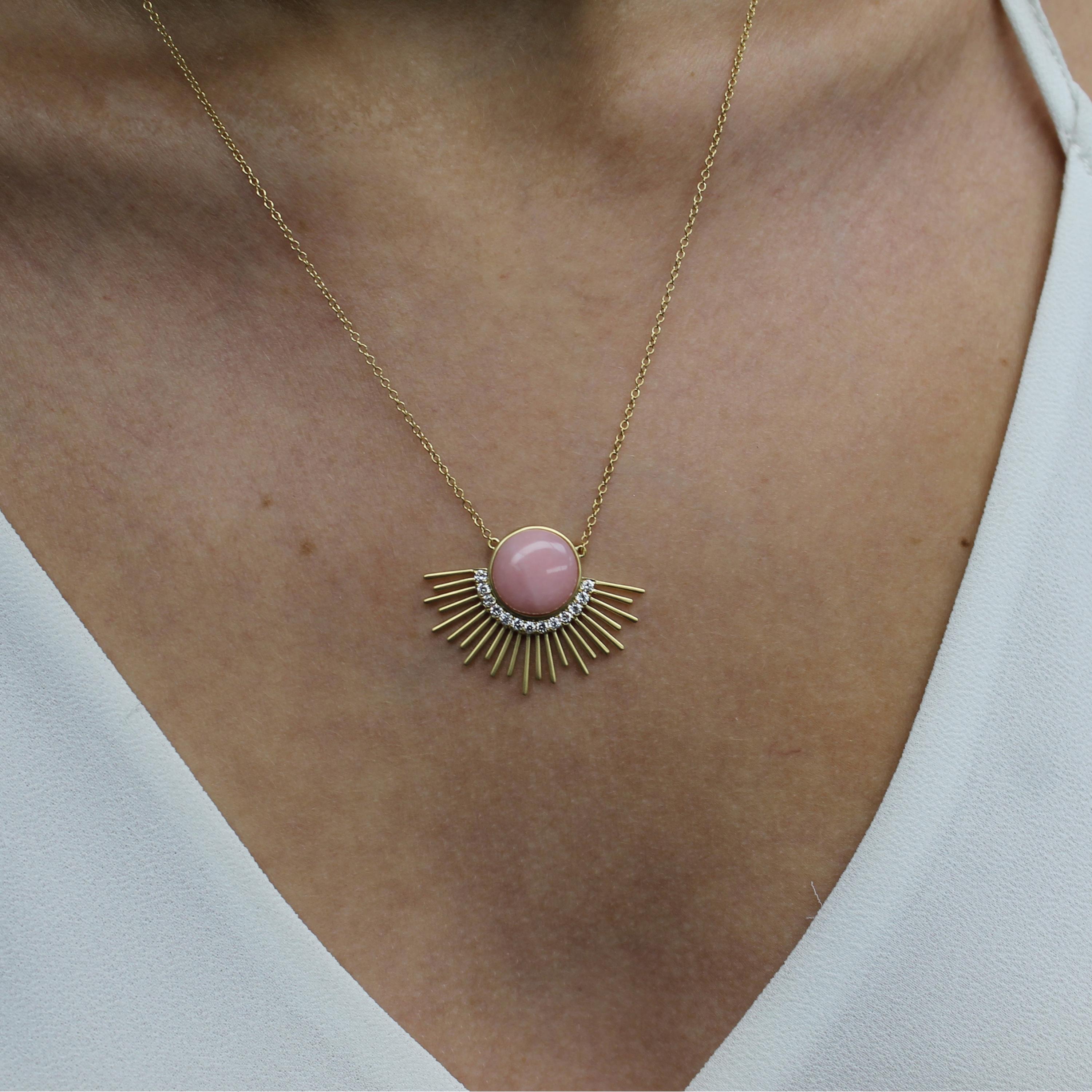 Dahlia Collection Necklace, with round, cabochon-cut Pink Opal, a semi-halo of diamonds, on an 18
