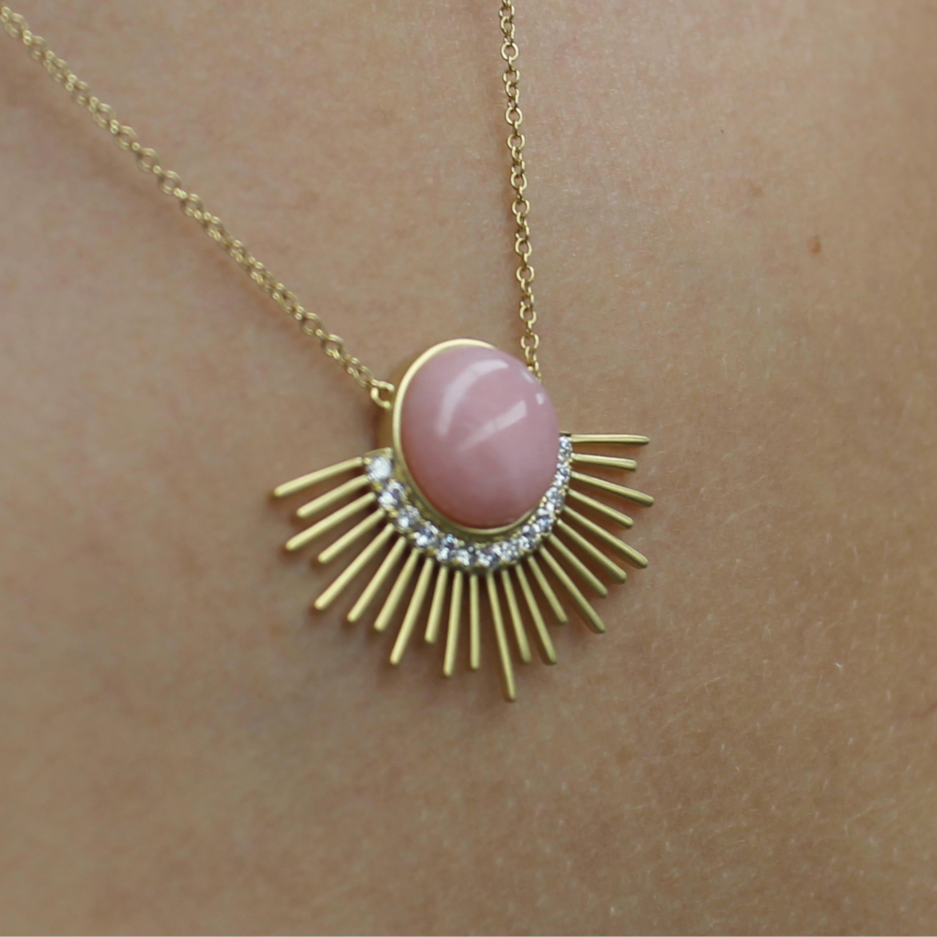 Round Cut Doves 18 Karat Matte Gold Necklace with Cabochon Pink Opal and Diamonds