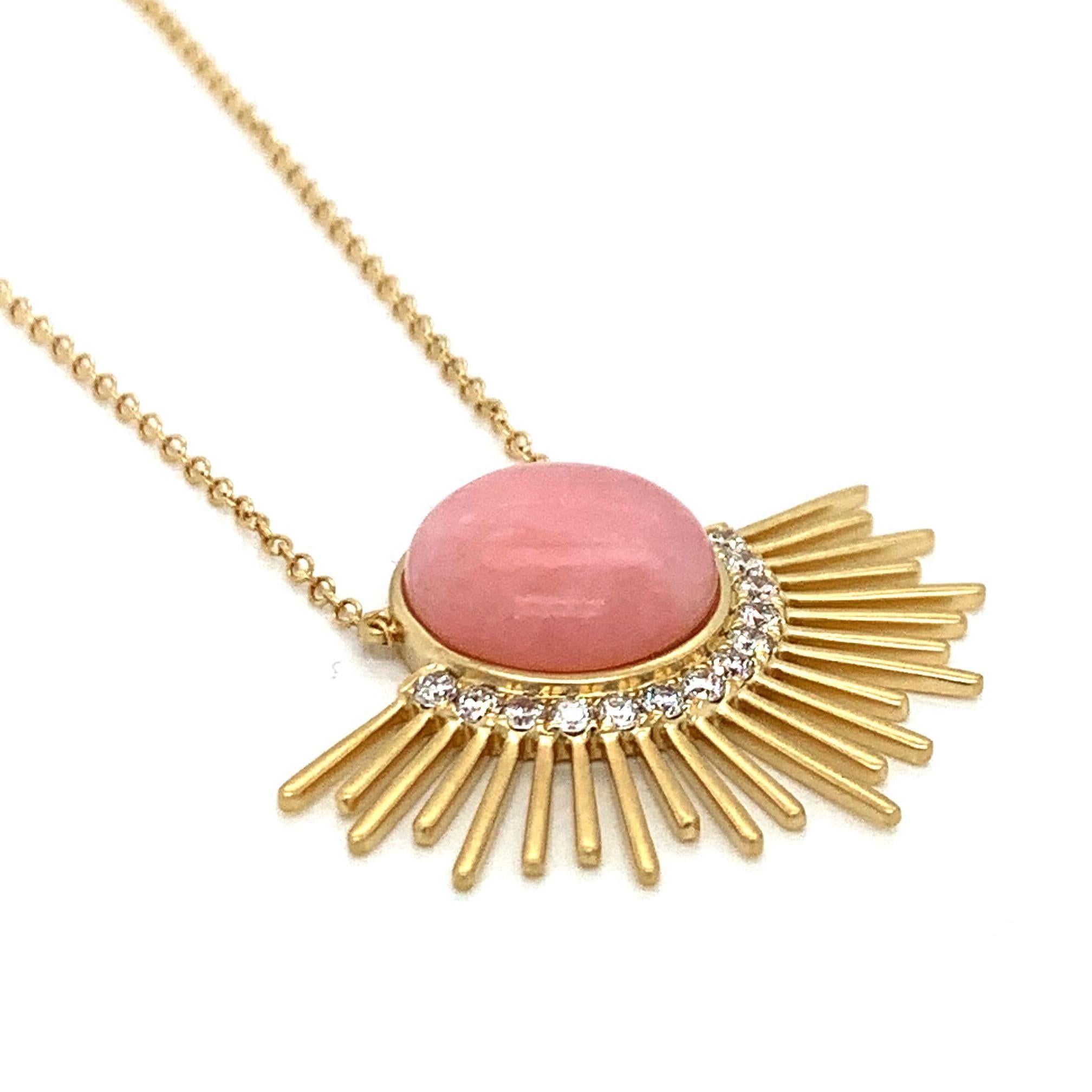 Doves 18 Karat Matte Gold Necklace with Cabochon Pink Opal and Diamonds In New Condition In Great Neck, NY