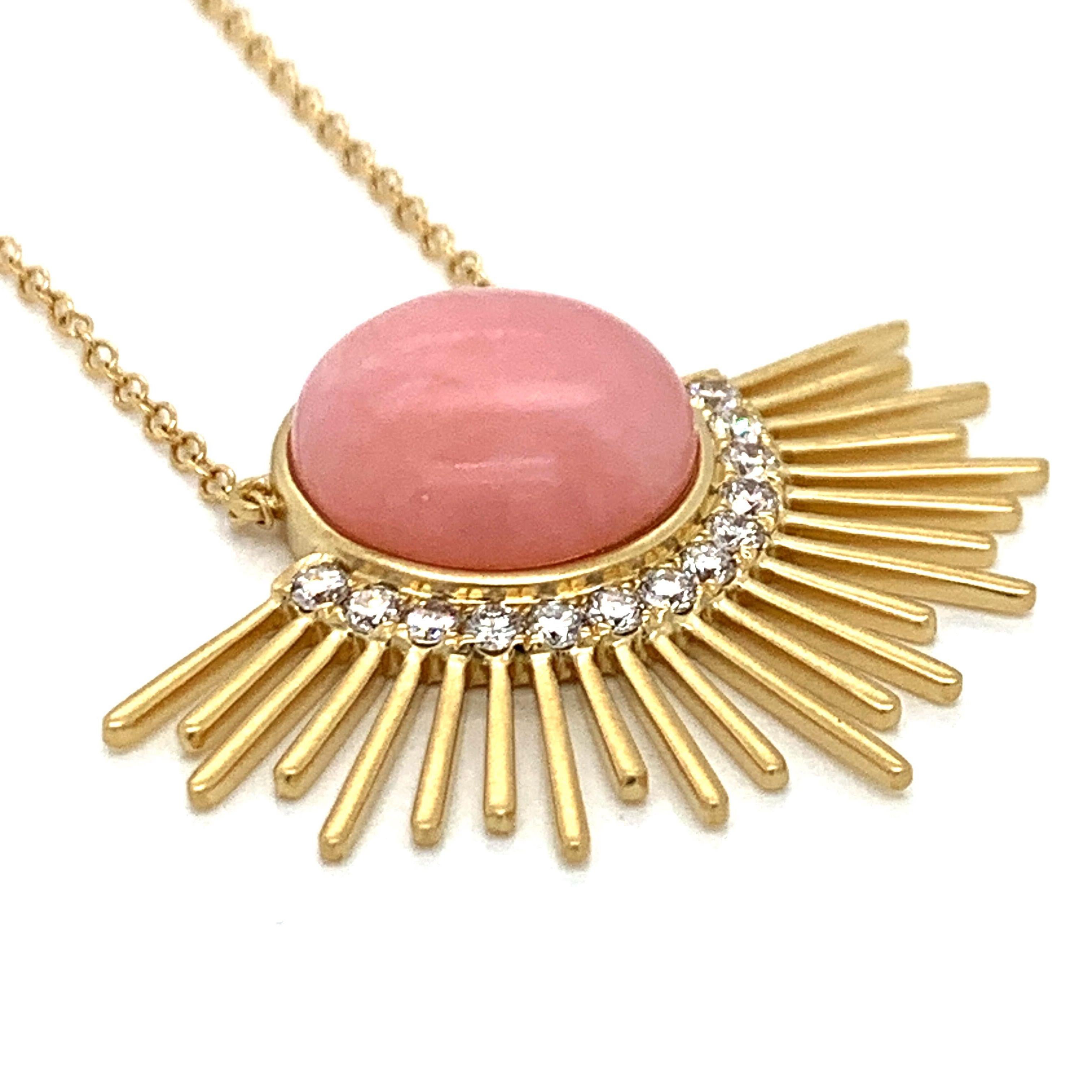 Women's Doves 18 Karat Matte Gold Necklace with Cabochon Pink Opal and Diamonds