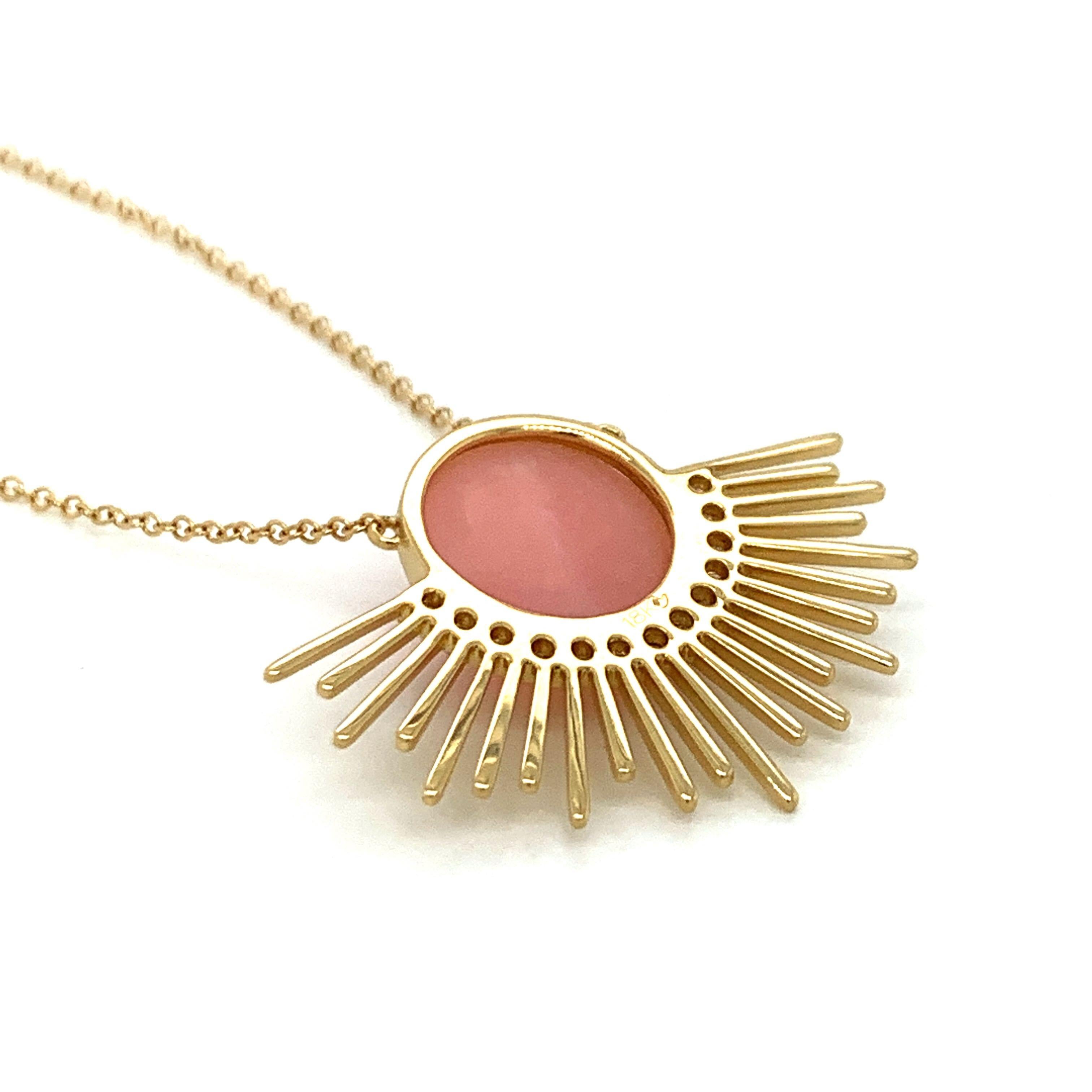 Doves 18 Karat Matte Gold Necklace with Cabochon Pink Opal and Diamonds 1
