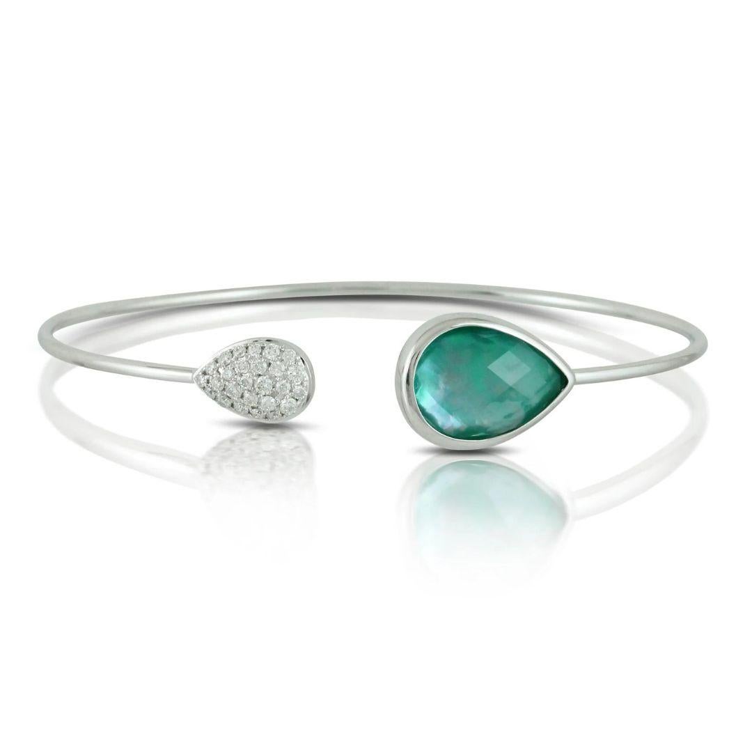 Doves 18k Cypress Grove White Gold Bangle. Elegant organic shape with soft three dimensional colors from the combination of bezel set green amethyst, white mother of pearl and green agate. Opposite this original gem are pave set diamonds in pear