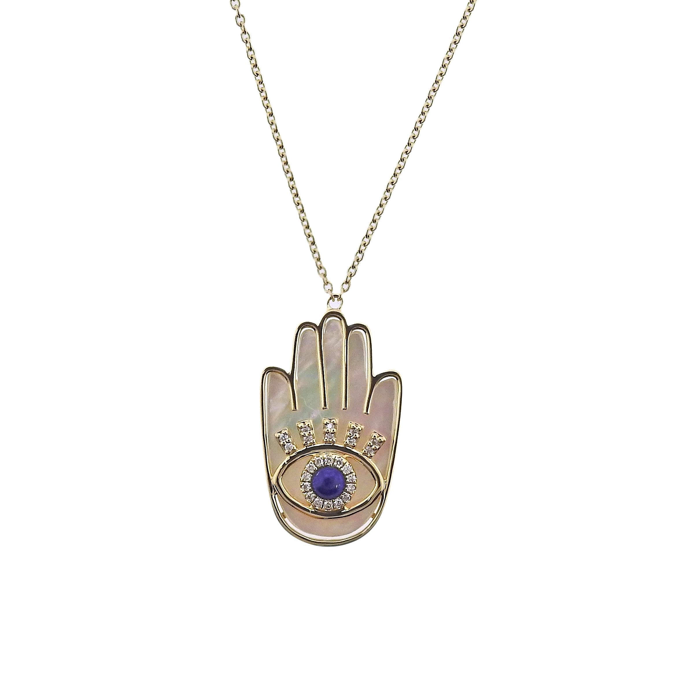 Brand new pendant necklace by Doves Doron Paloma, featuring Hamsa hand of God, adorned with mother of pearl, lapis and 0.07ctw H/VS diamonds.  Necklace is 18