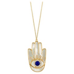 Doves Doron Paloma Diamond MOP Lapis Gold Hamsa Hand of God Pendant Necklace