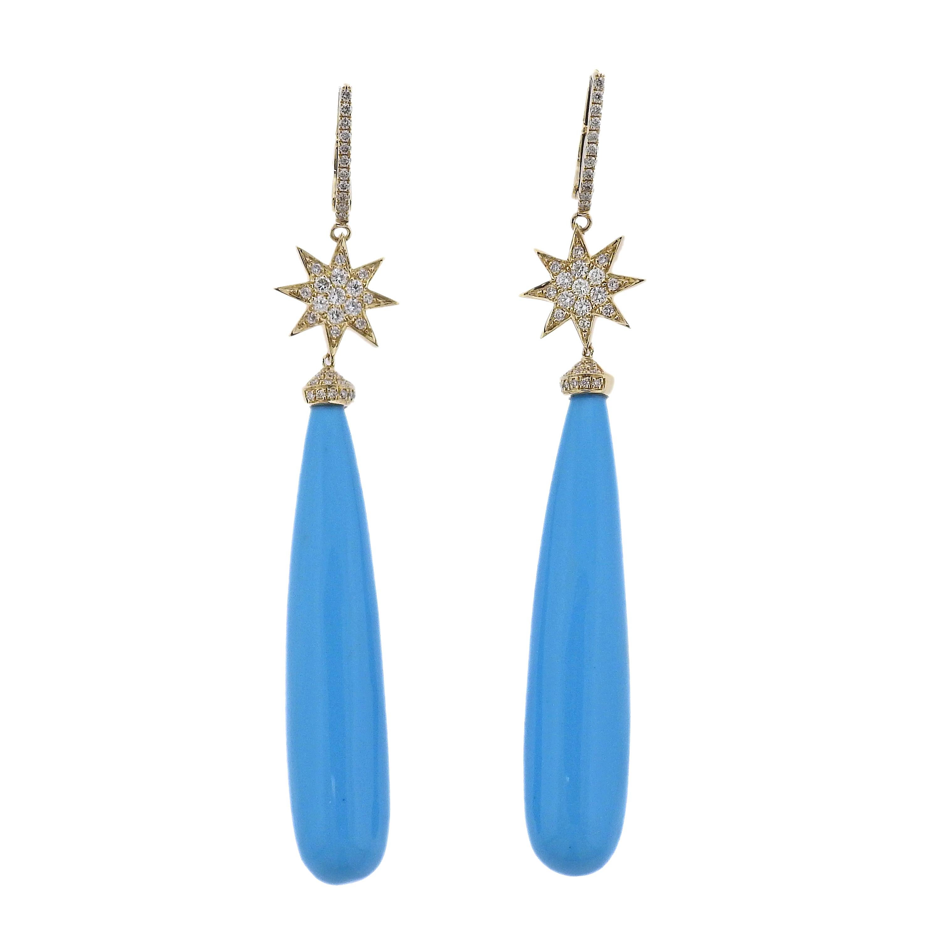 Brand new pair of 18k yellow gold drop earrings by Doves Doron Paloma , with turquoise and 0.55ctw H/VS diamonds.  Earrings are 75mm long. Weight - 11.3 grams. Marked: 18k,  Dove hallmark. 