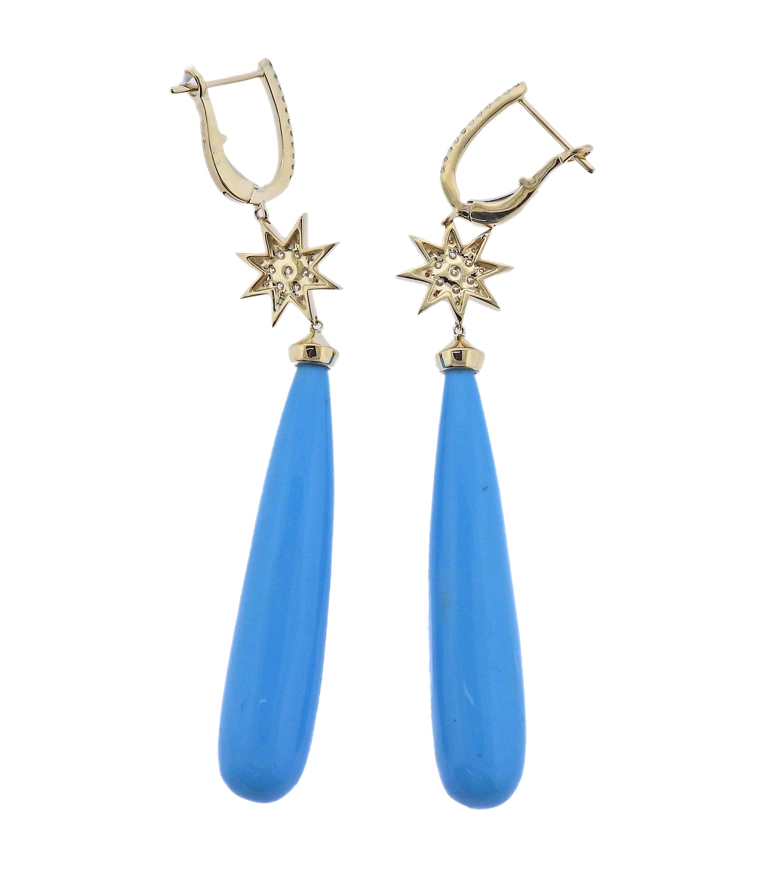 Round Cut Doves Doron Paloma Diamond Turquoise Drop Earrings For Sale
